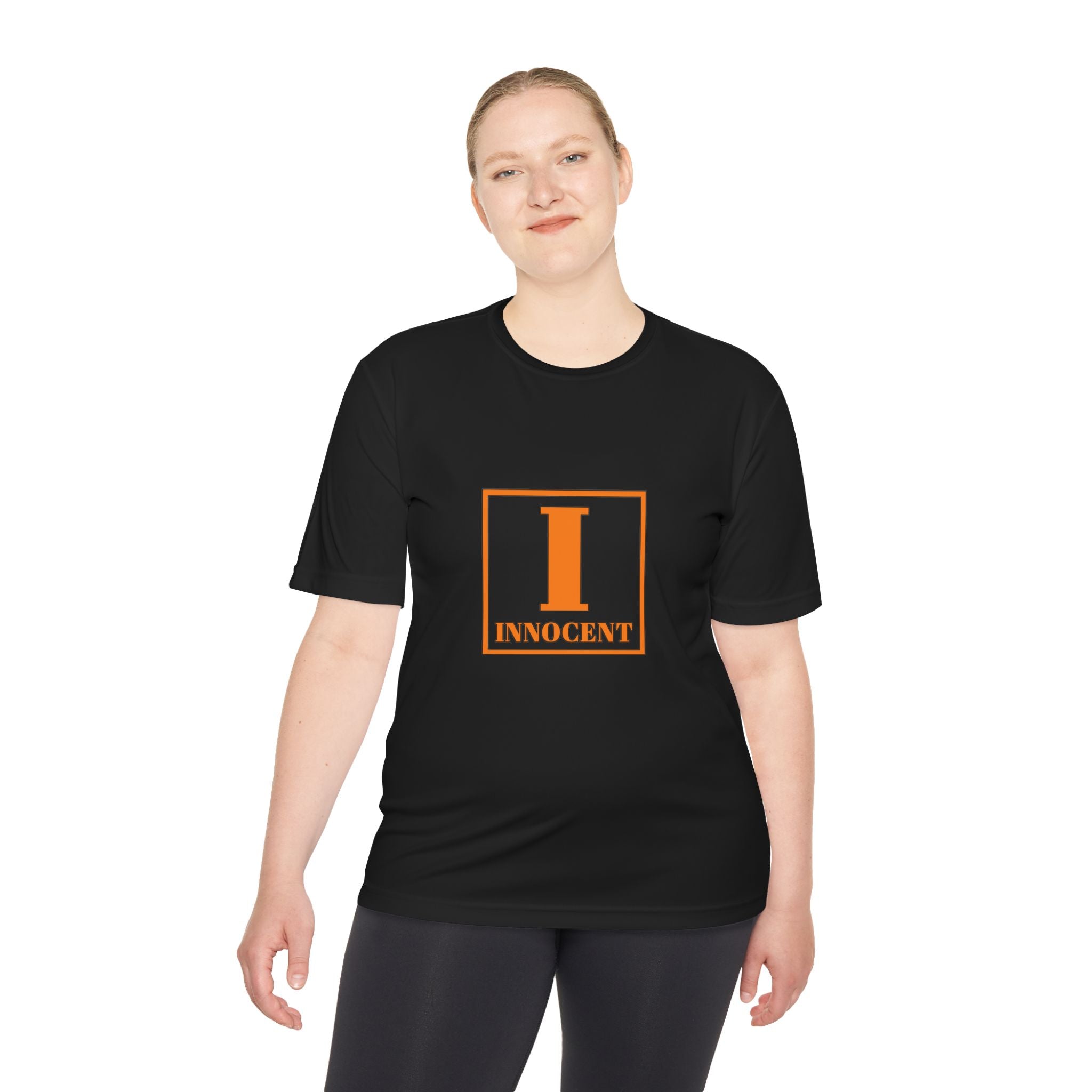 Innocent Block Letter Tee — Orange 'I' Graphic Moisture-Wicking Shirt