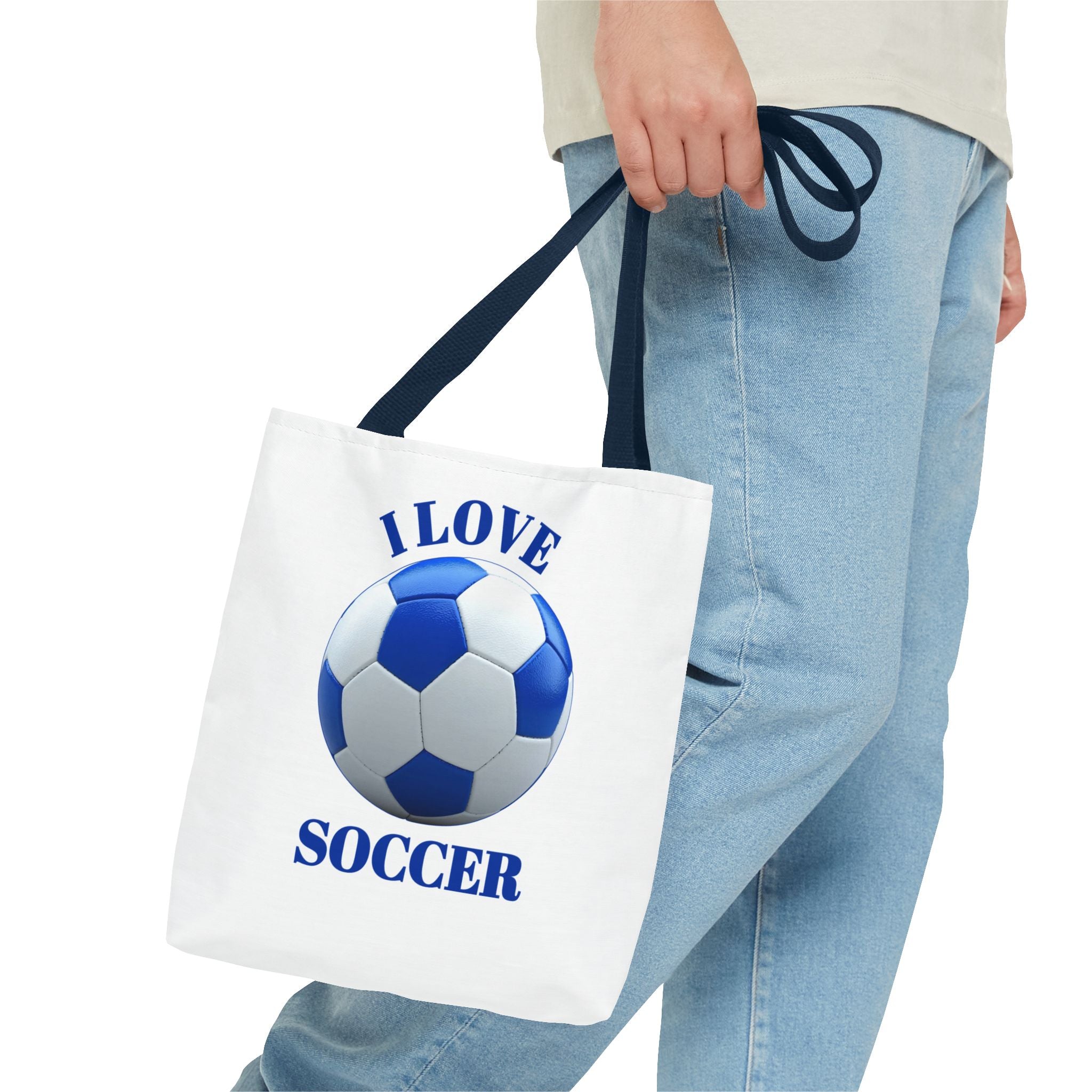 I Love Soccer Tote Bag — Blue Soccer Ball Gym & Game Day Tote