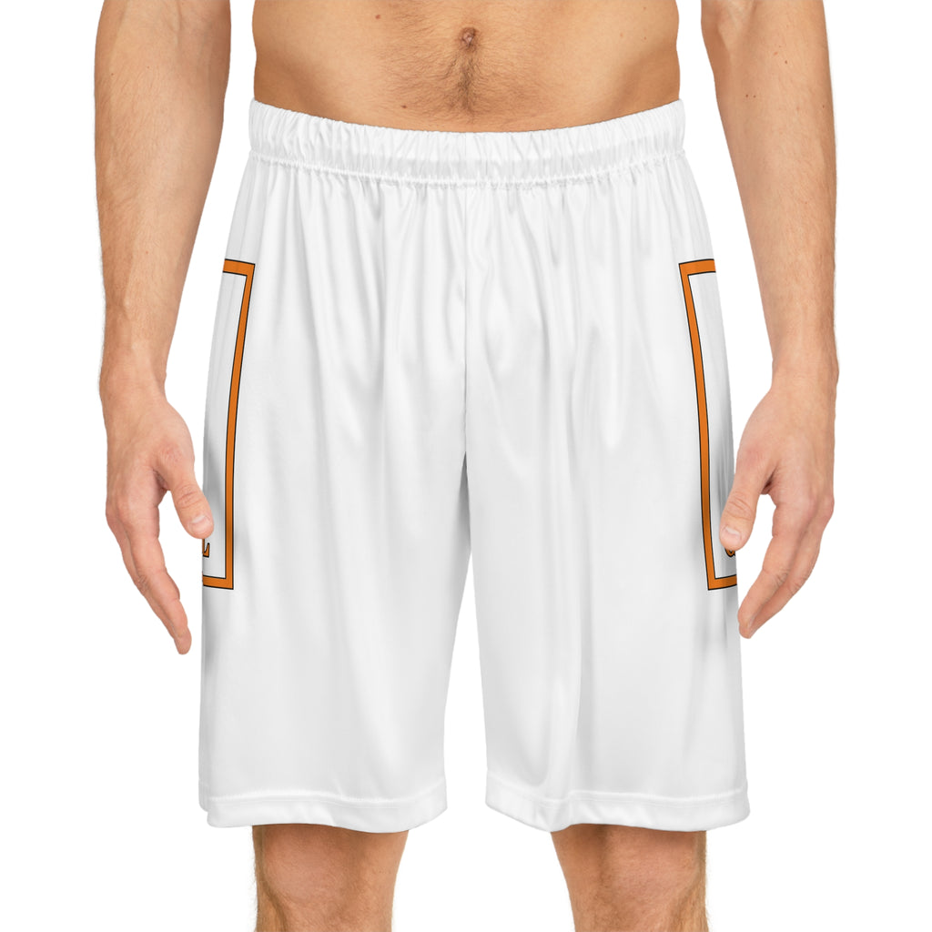 Custom Name Basketball Shorts — White AOP Shorts with Orange 'GABRIEL' Side Logo