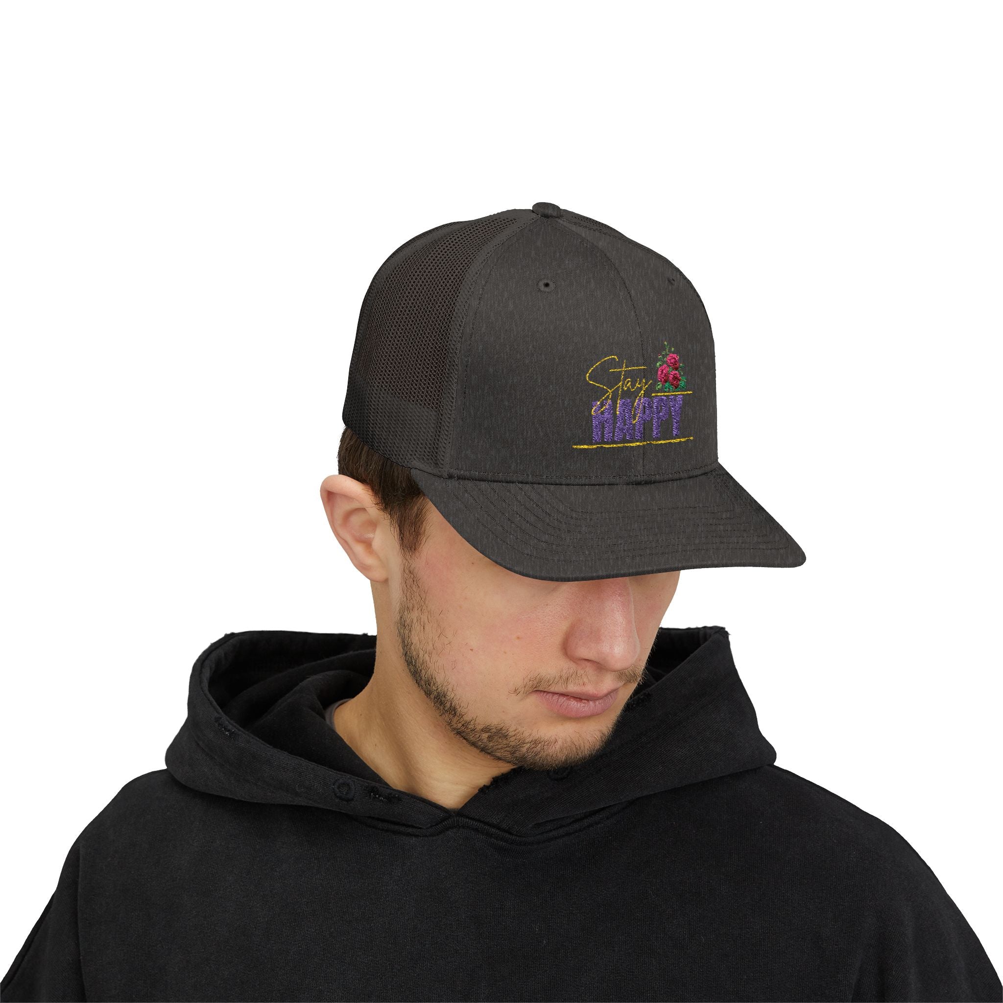 Trucker Cap — Be Happy Floral Embroidered Snapback