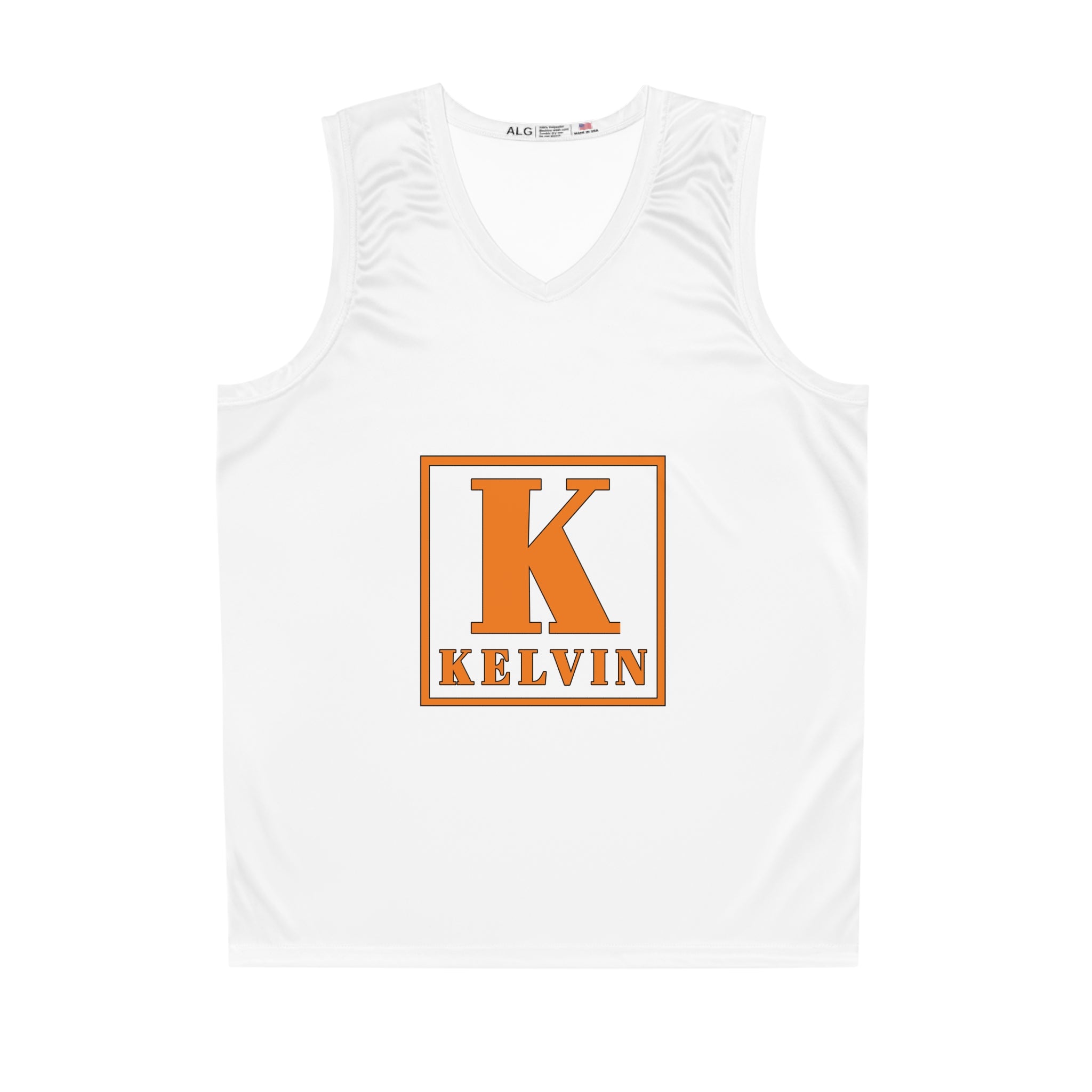 Personalized Basketball Jersey — Orange "K Kelvin" Block Letter Design