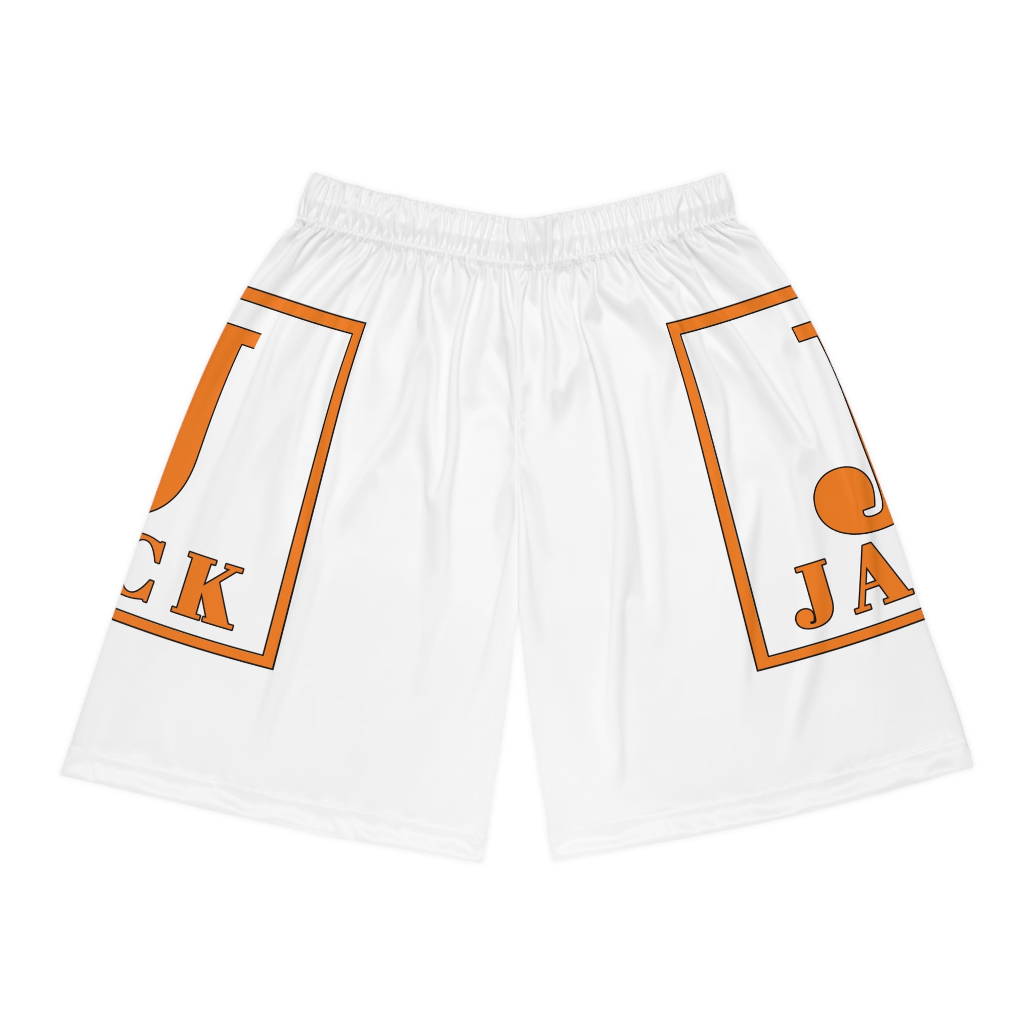 Basketball Shorts — White All-Over-Print with Orange 'Jack' Logo