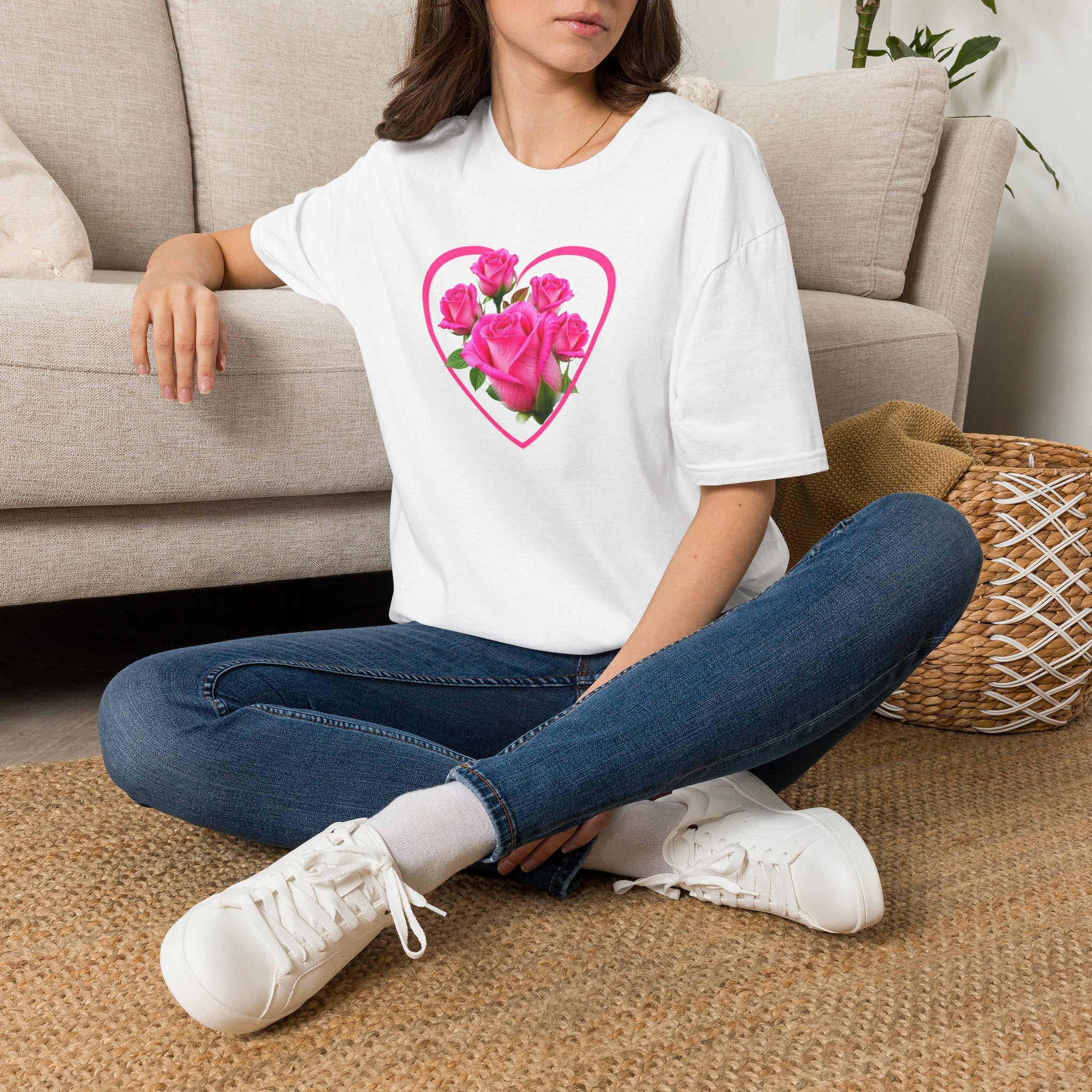 T-Shirt — Pink Rose Heart Floral Tee (Valentine’s Day, Romantic Gift)