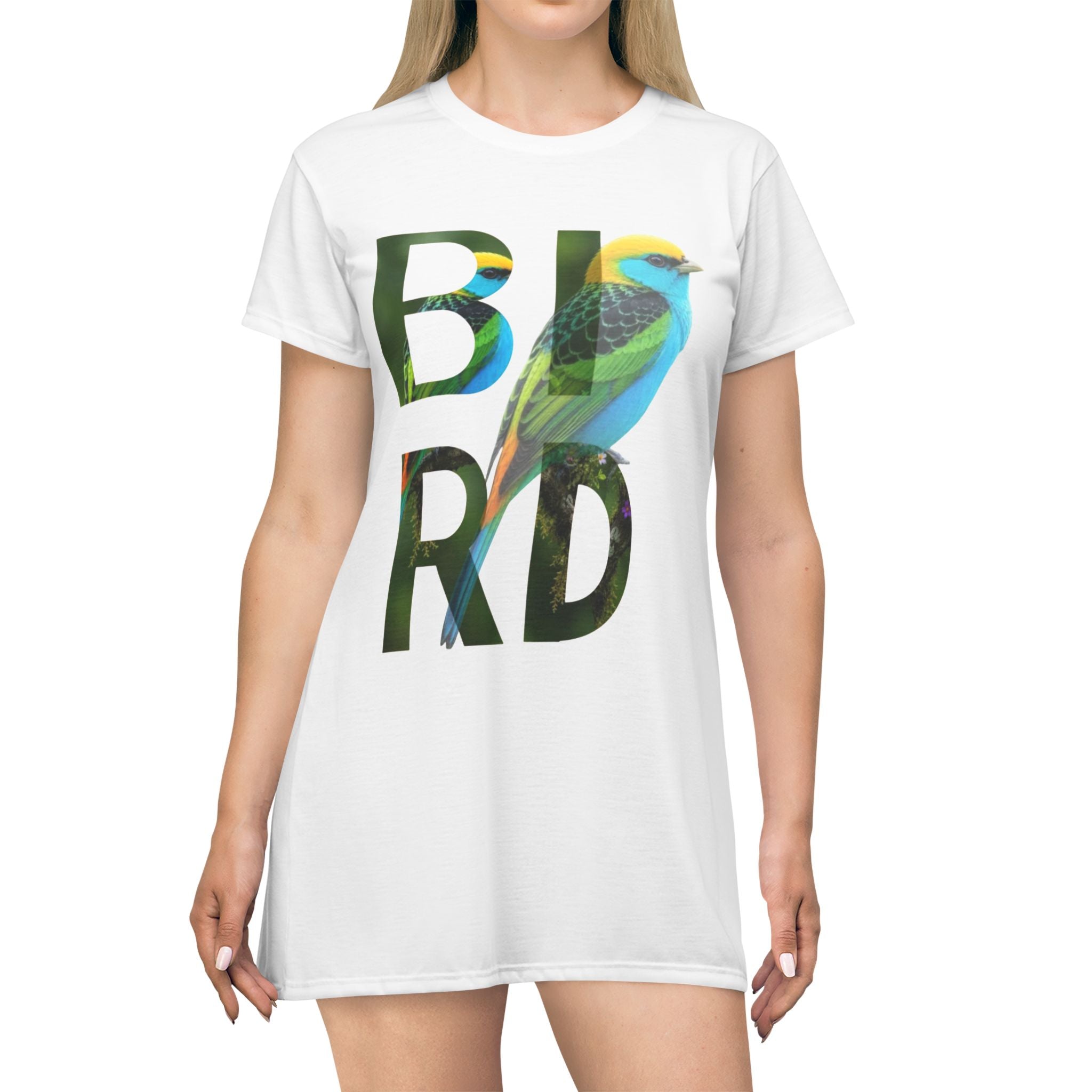 Bird Graphic T‑Shirt Dress — Colorful Nature Typography