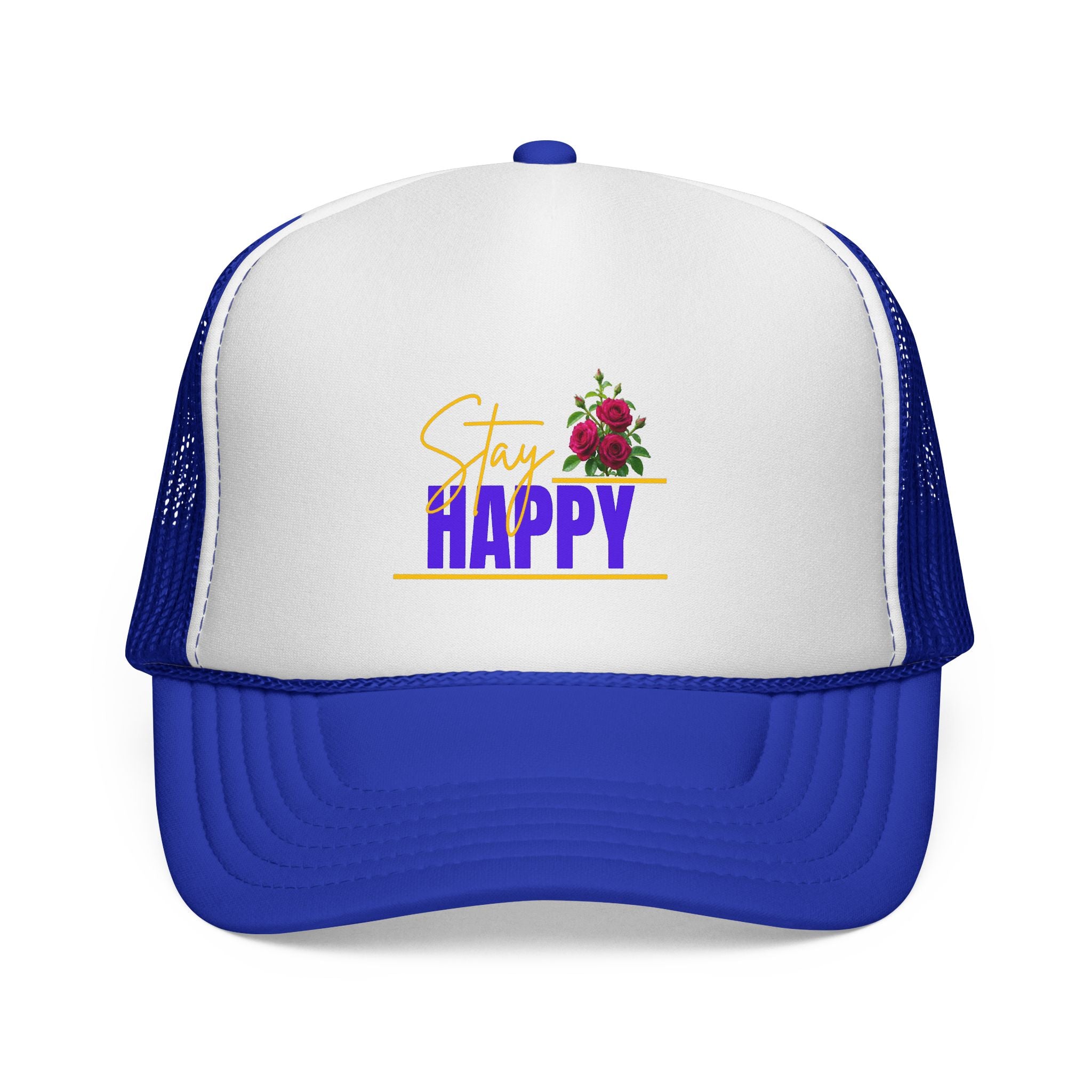Stay Happy Trucker Hat — Floral Positive Vibe Cap