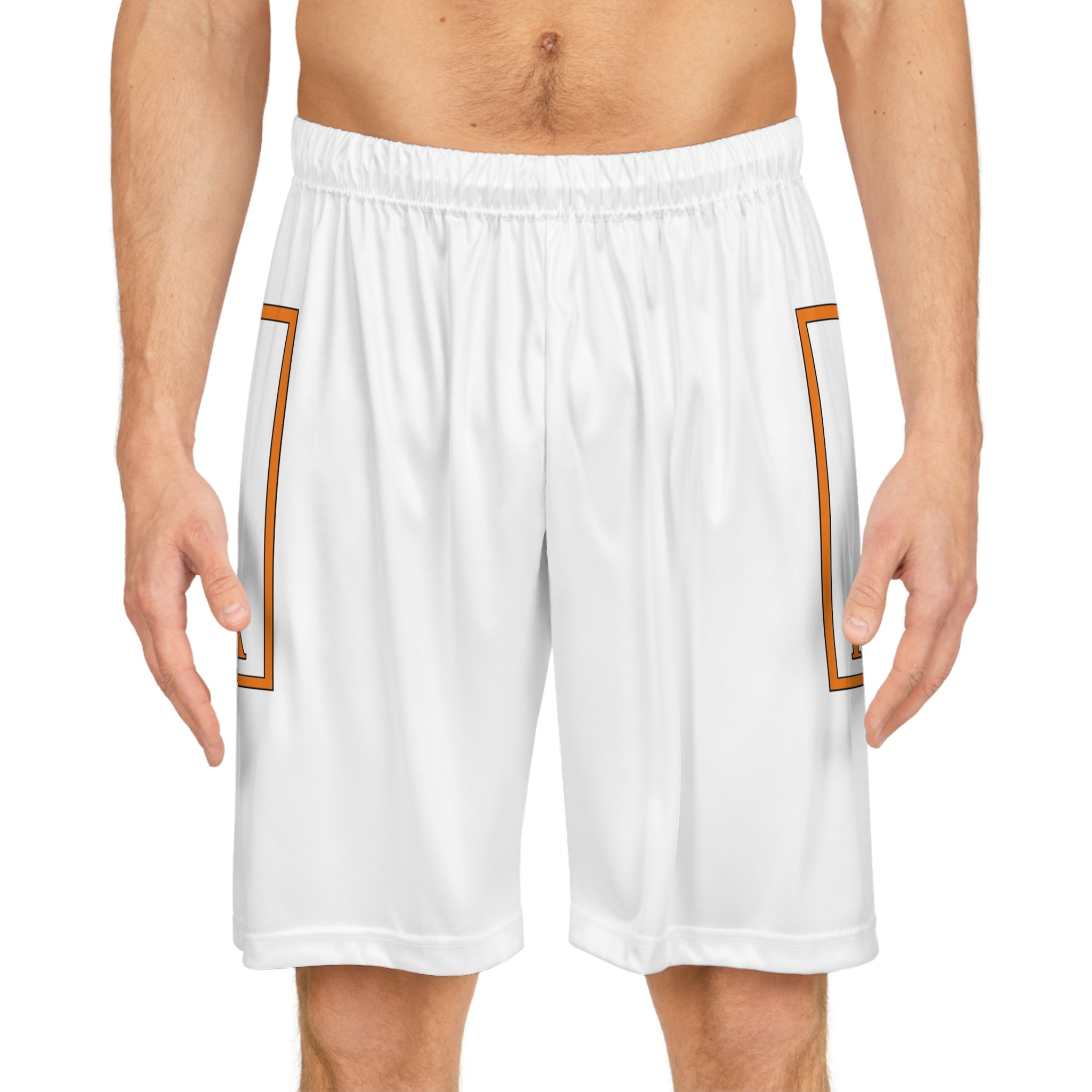 Basketball Shorts — White All-Over-Print with Orange 'F' Frame Logo