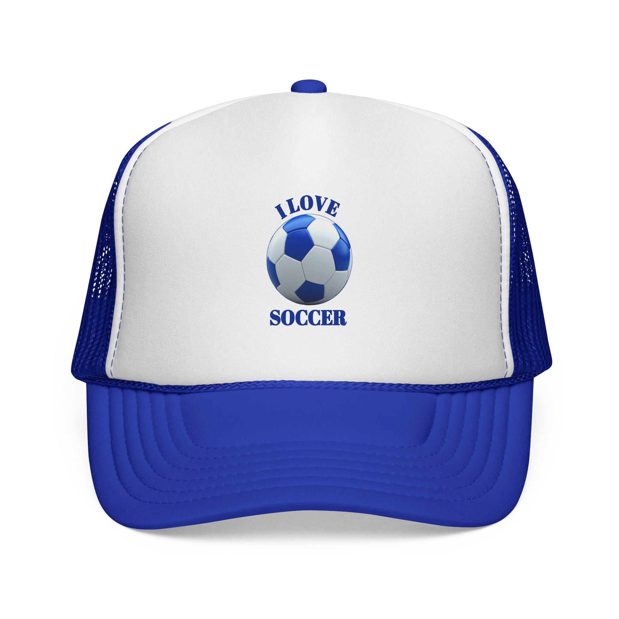 I Love Soccer Trucker Hat – Blue Soccer Ball Mesh Cap for Fans & Players