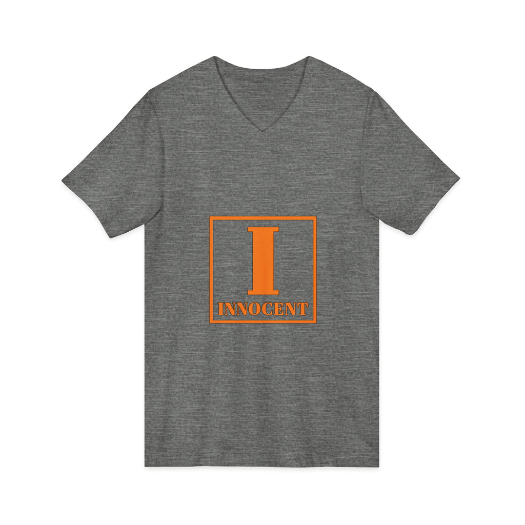 Innocent Graphic V-Neck Tee — Bold Orange 'I Innocent' Square Design