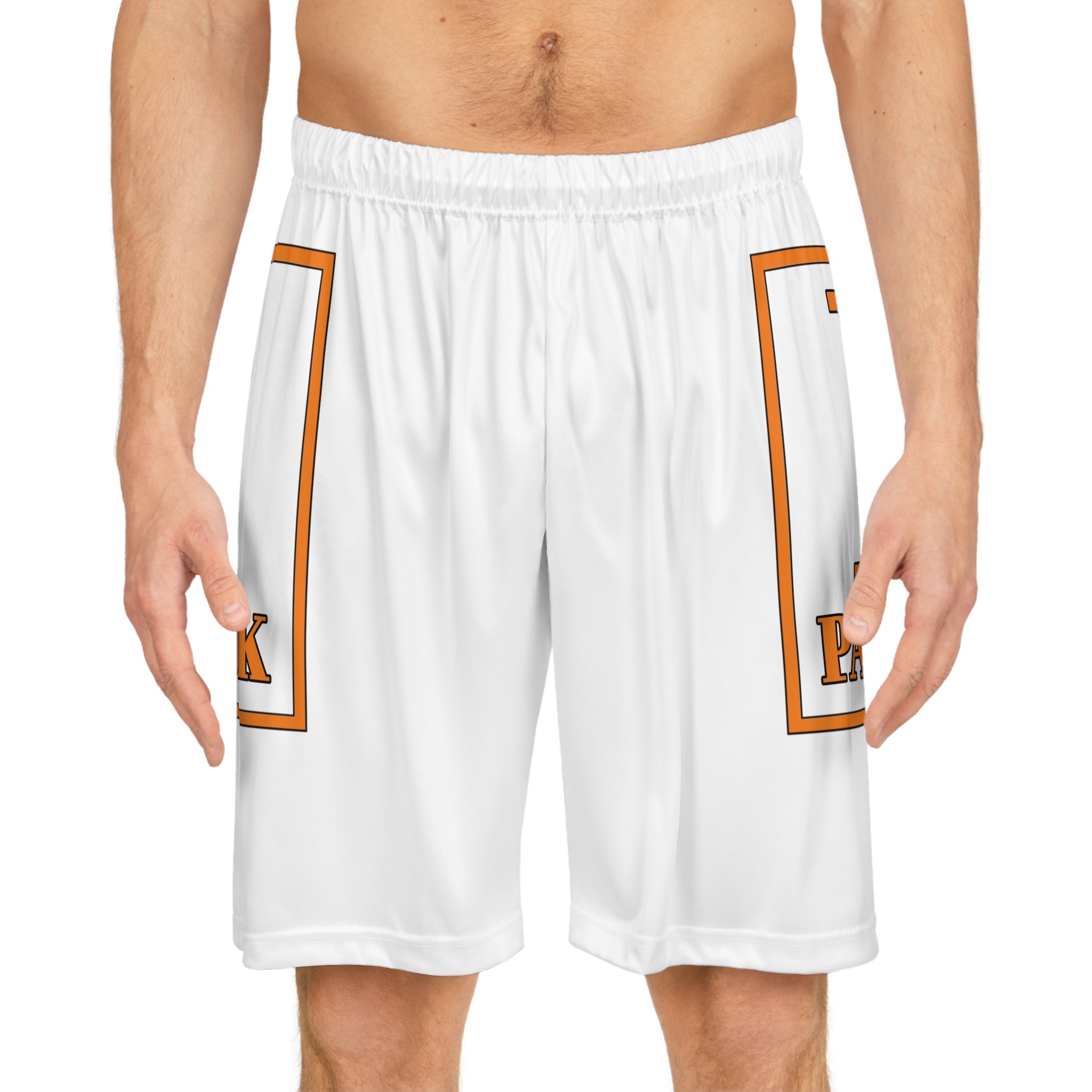 Patrick Basketball Shorts — Orange Logo All-Over Print Athletic Shorts