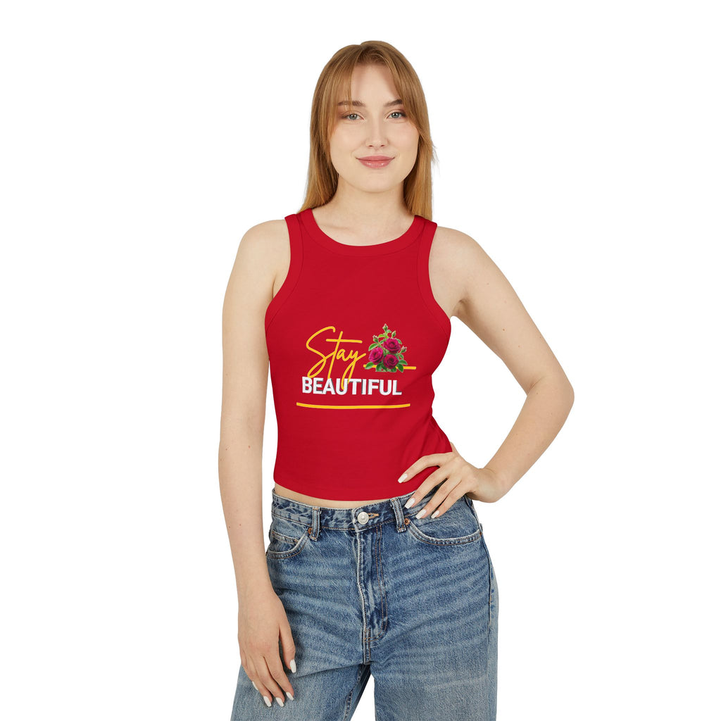 Stay Beautiful Floral Racer Tank Top — Women’s Cropped Micro Rib Tank