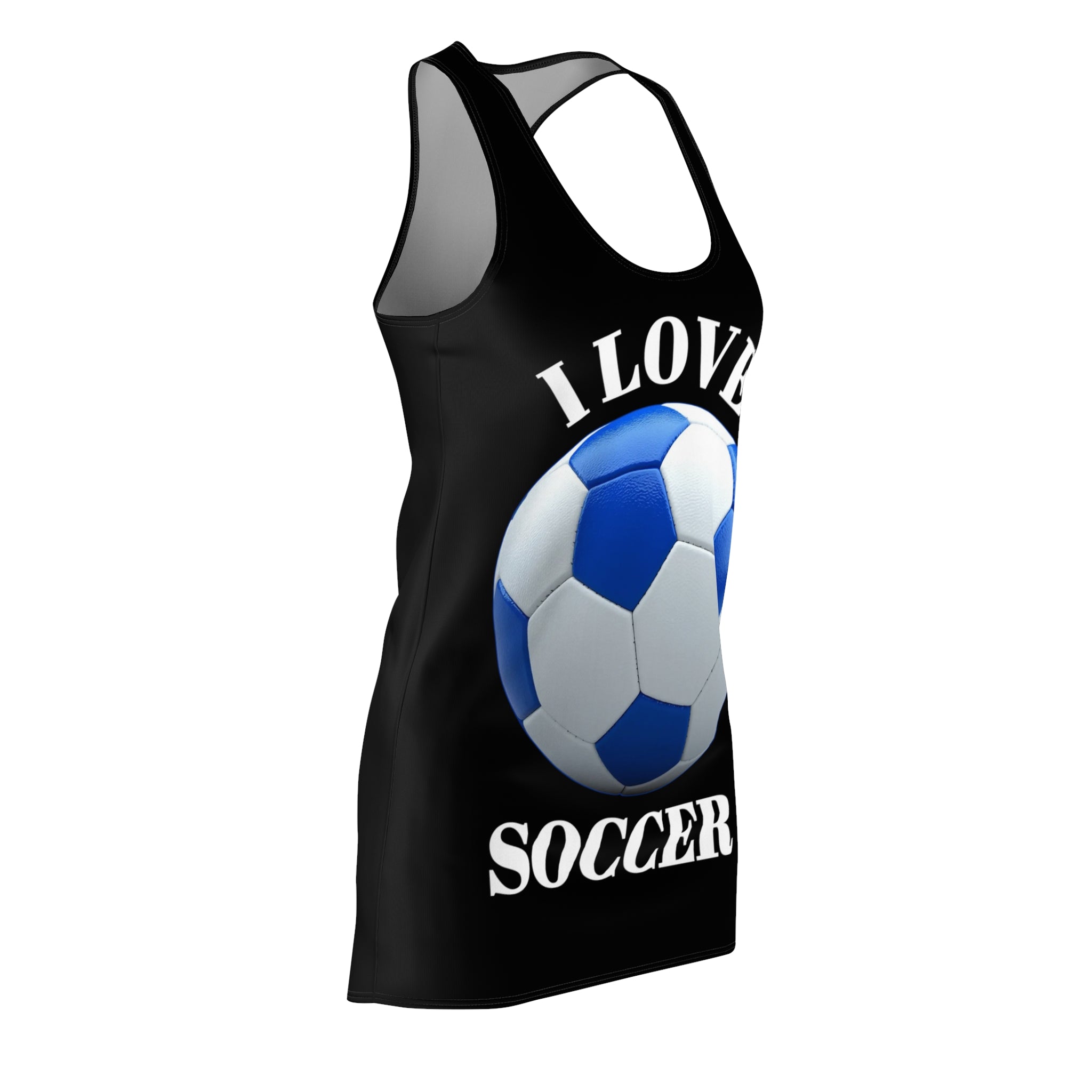 I Love Soccer Racerback Dress — Women's Soccer Dress with Blue Ball Graphic