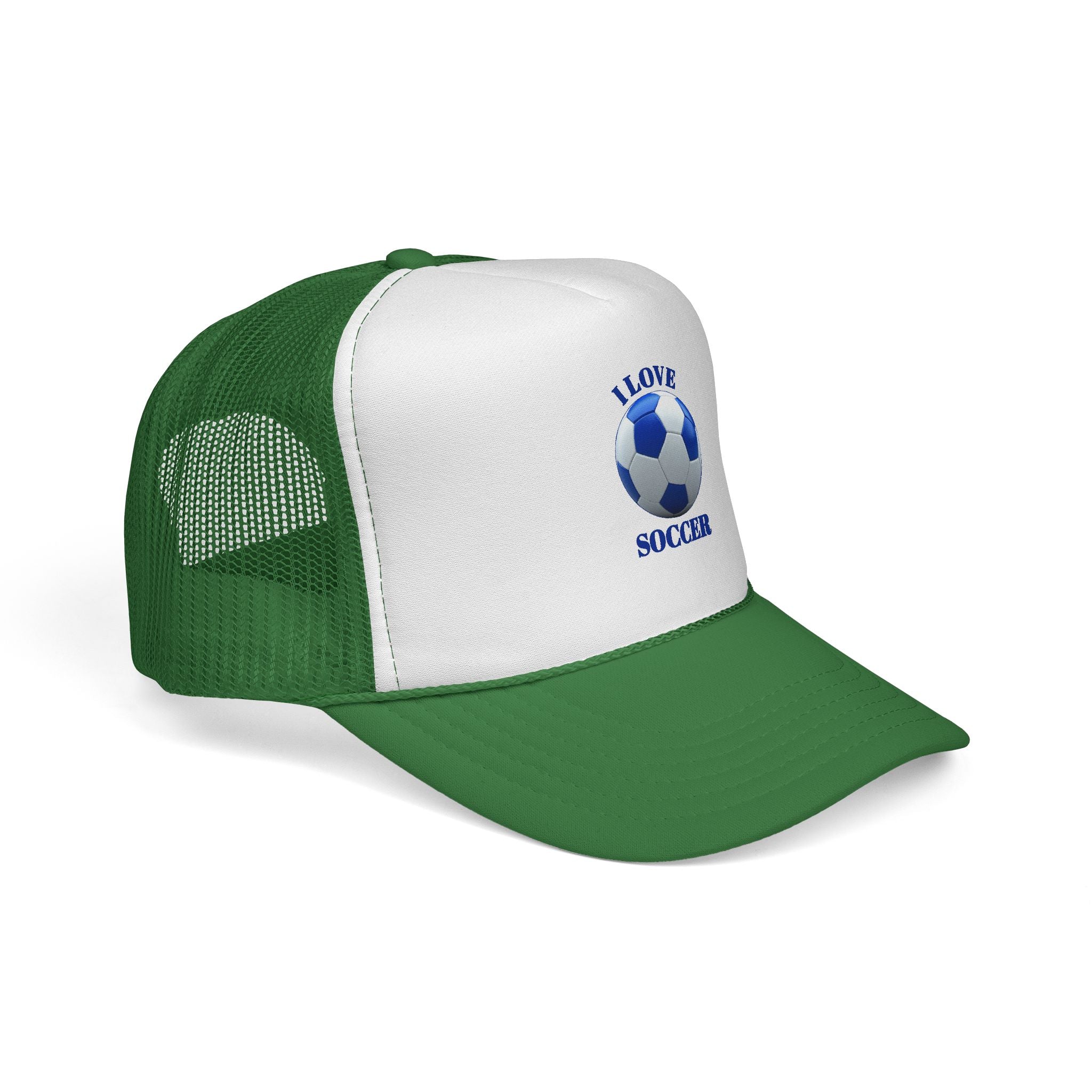 I Love Soccer Trucker Hat – Blue Soccer Ball Mesh Cap for Fans & Players