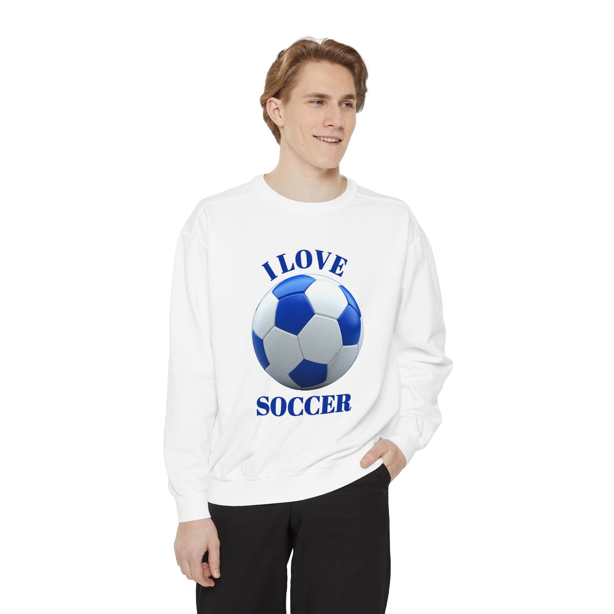 I Love Soccer Sweatshirt — Blue Soccer Ball Crewneck