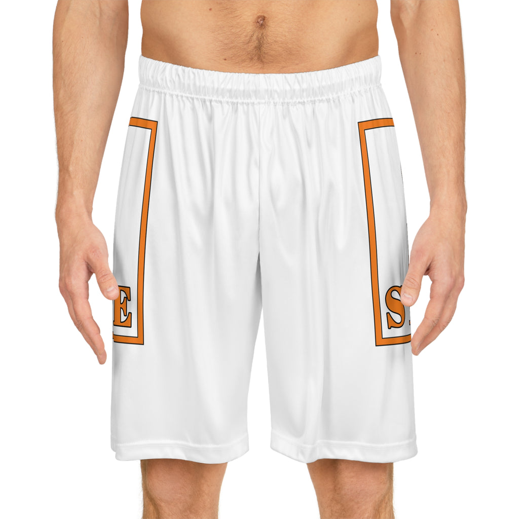 Basketball Shorts — White AOP with Orange 'S STEVE' Retro Logo