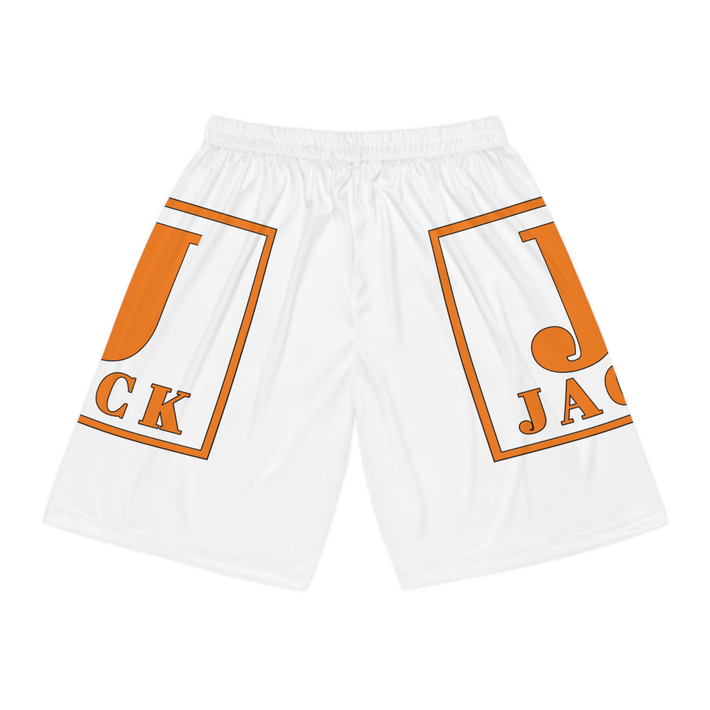 Basketball Shorts — White All-Over-Print with Orange 'Jack' Logo