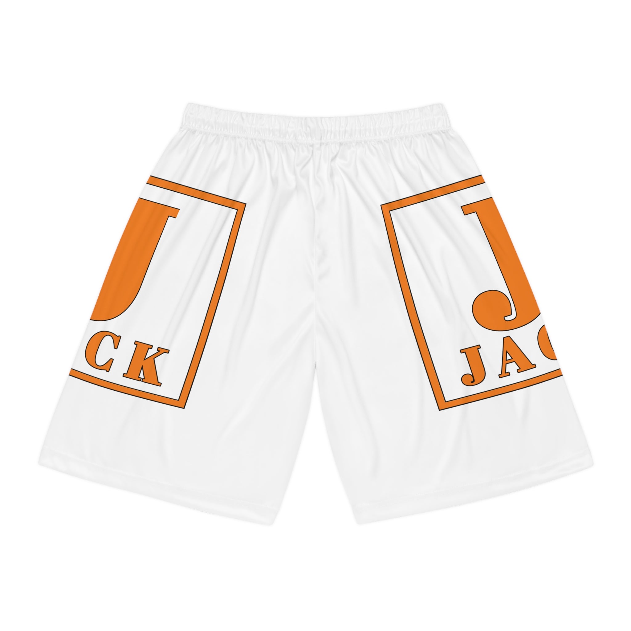 Basketball Shorts — White All-Over-Print with Orange 'Jack' Logo