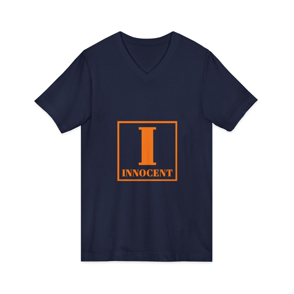 Innocent Graphic V-Neck Tee — Bold Orange 'I Innocent' Square Design