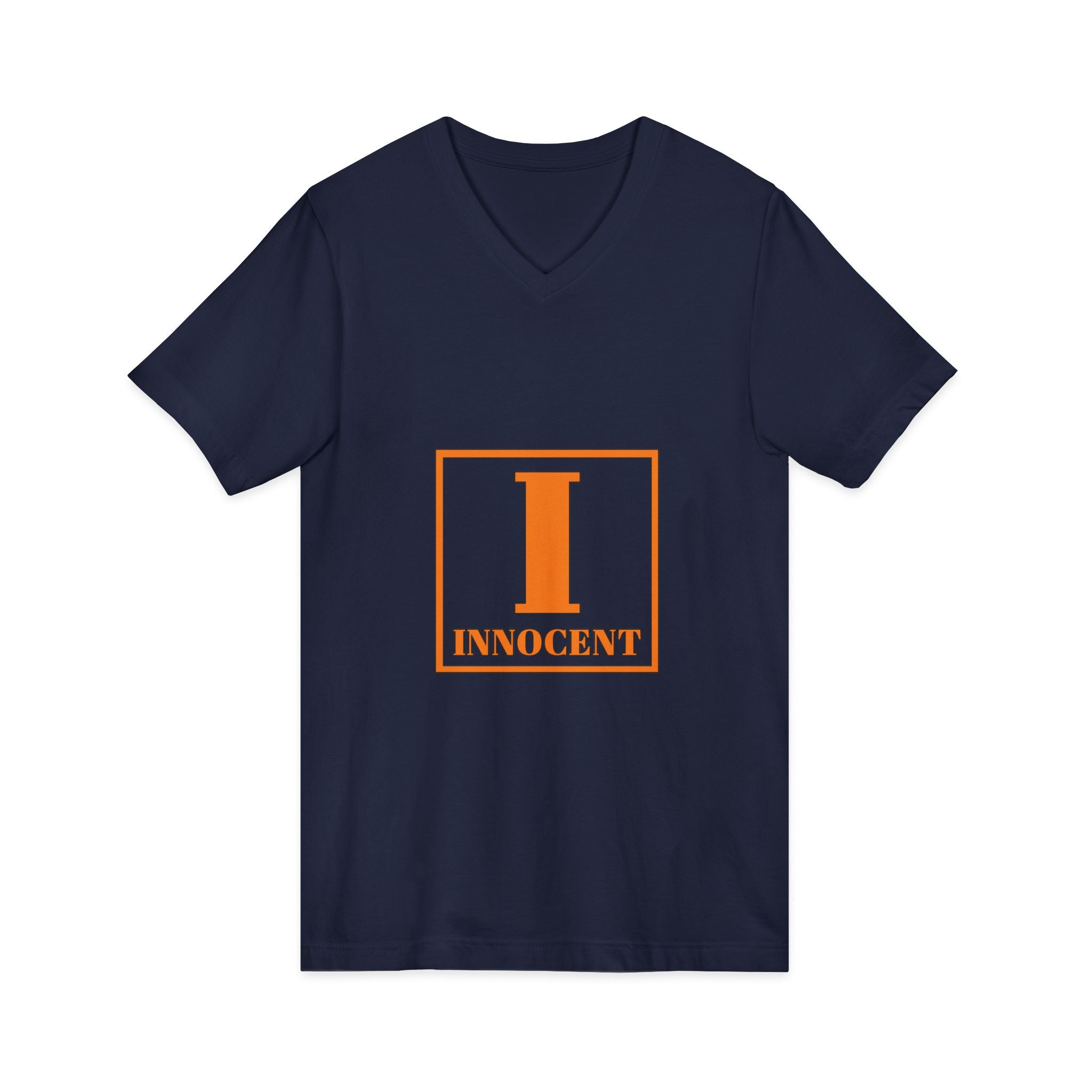 Innocent Graphic V-Neck Tee — Bold Orange 'I Innocent' Square Design