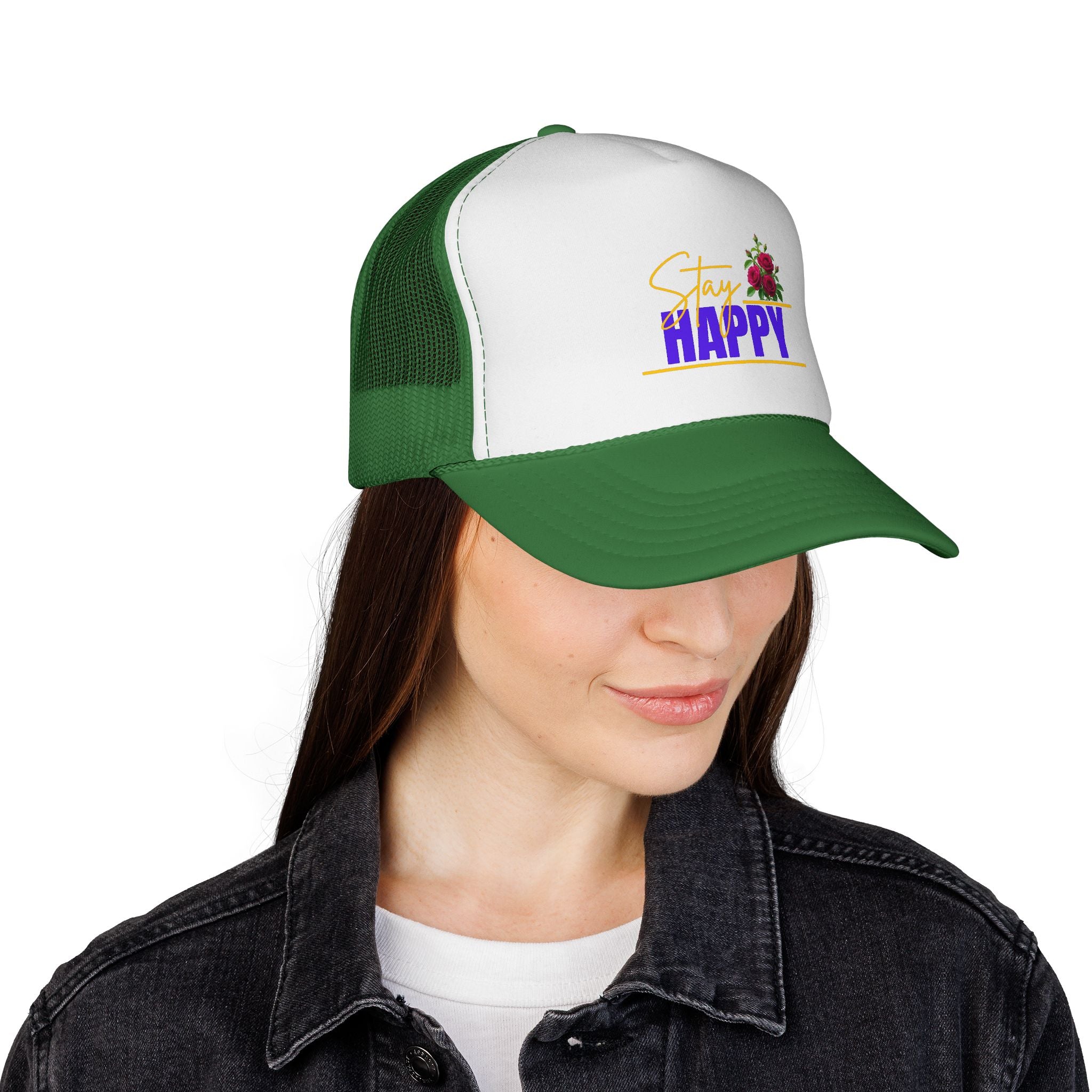 Stay Happy Trucker Hat — Floral Positive Vibe Cap