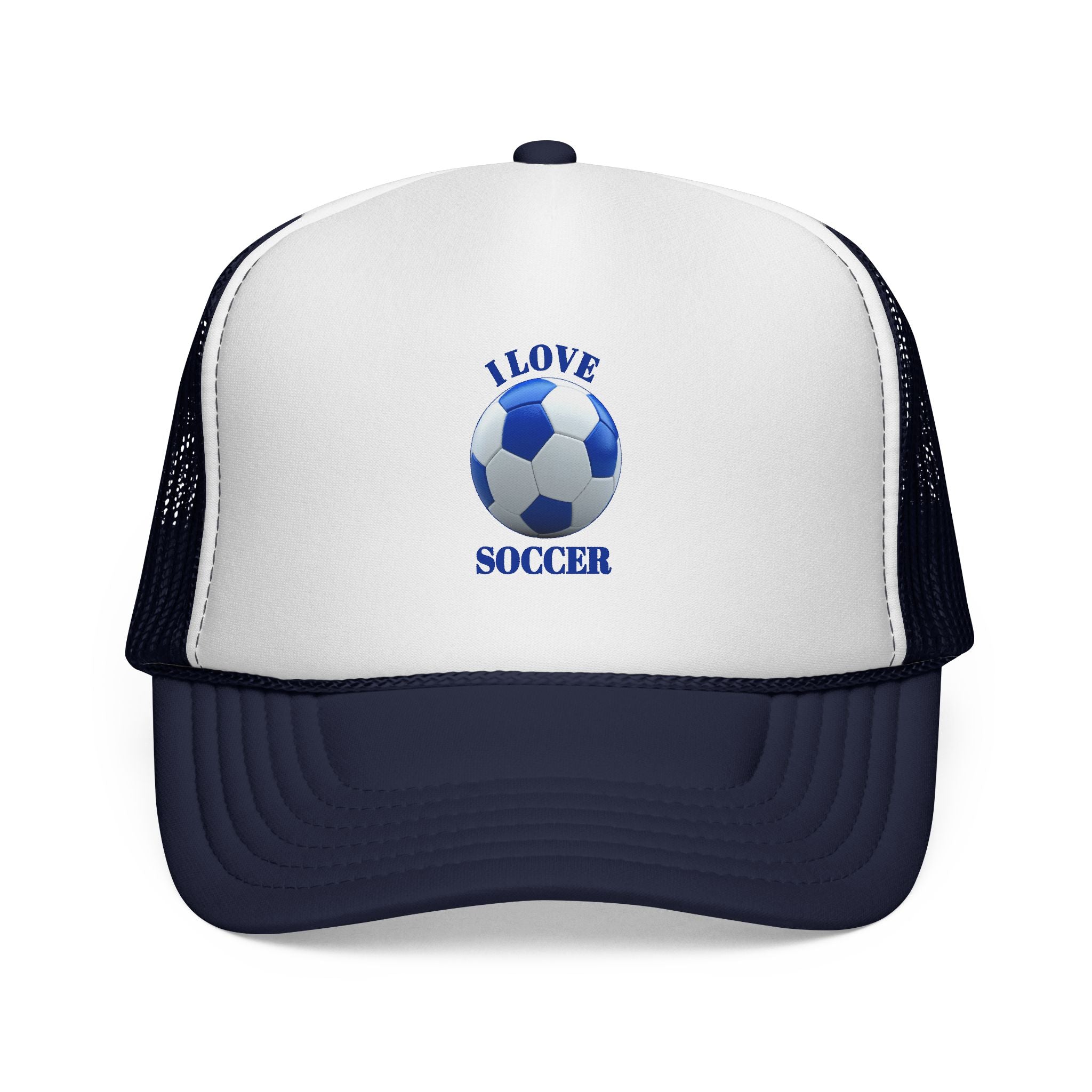 I Love Soccer Trucker Hat – Blue Soccer Ball Mesh Cap for Fans & Players