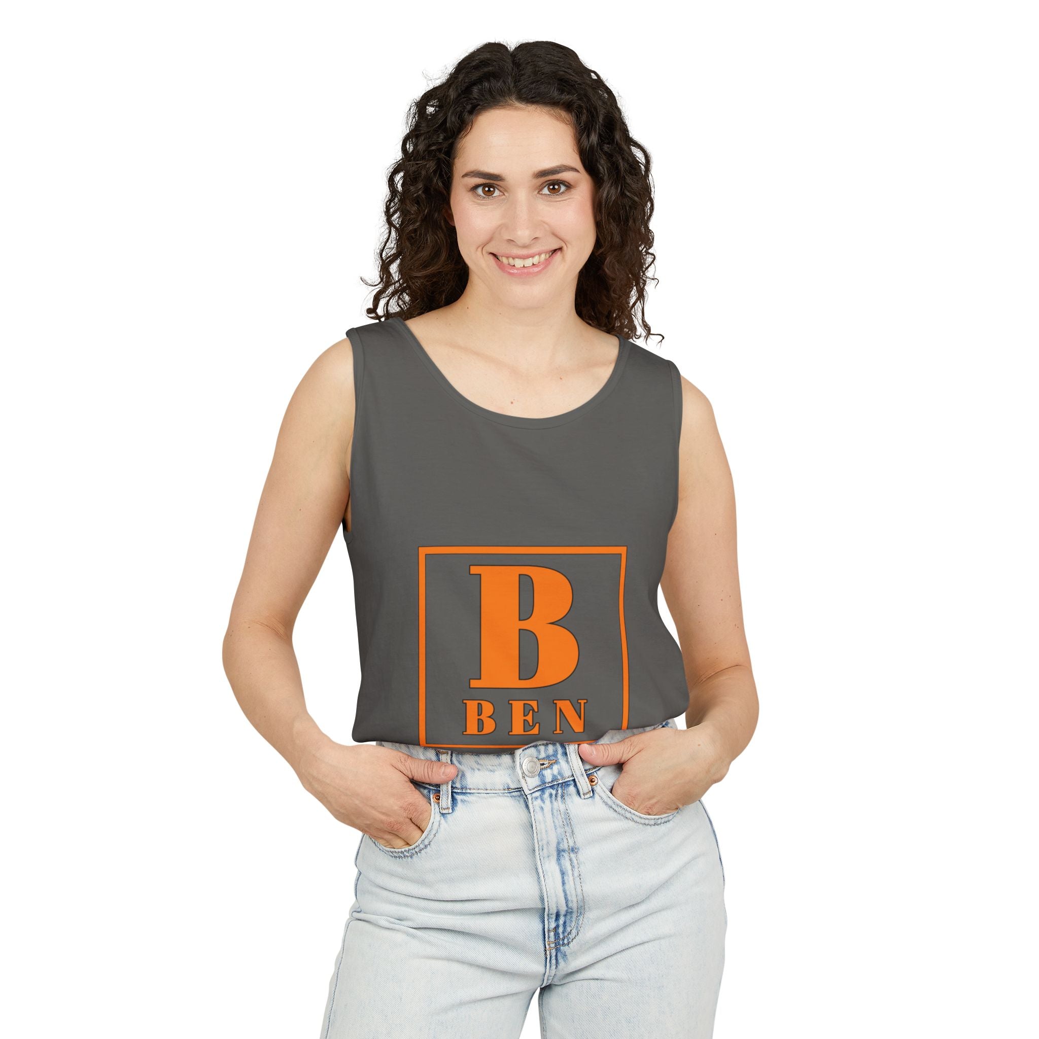 Ben Monogram Tank Top — Orange Initial B Vintage Box Graphic
