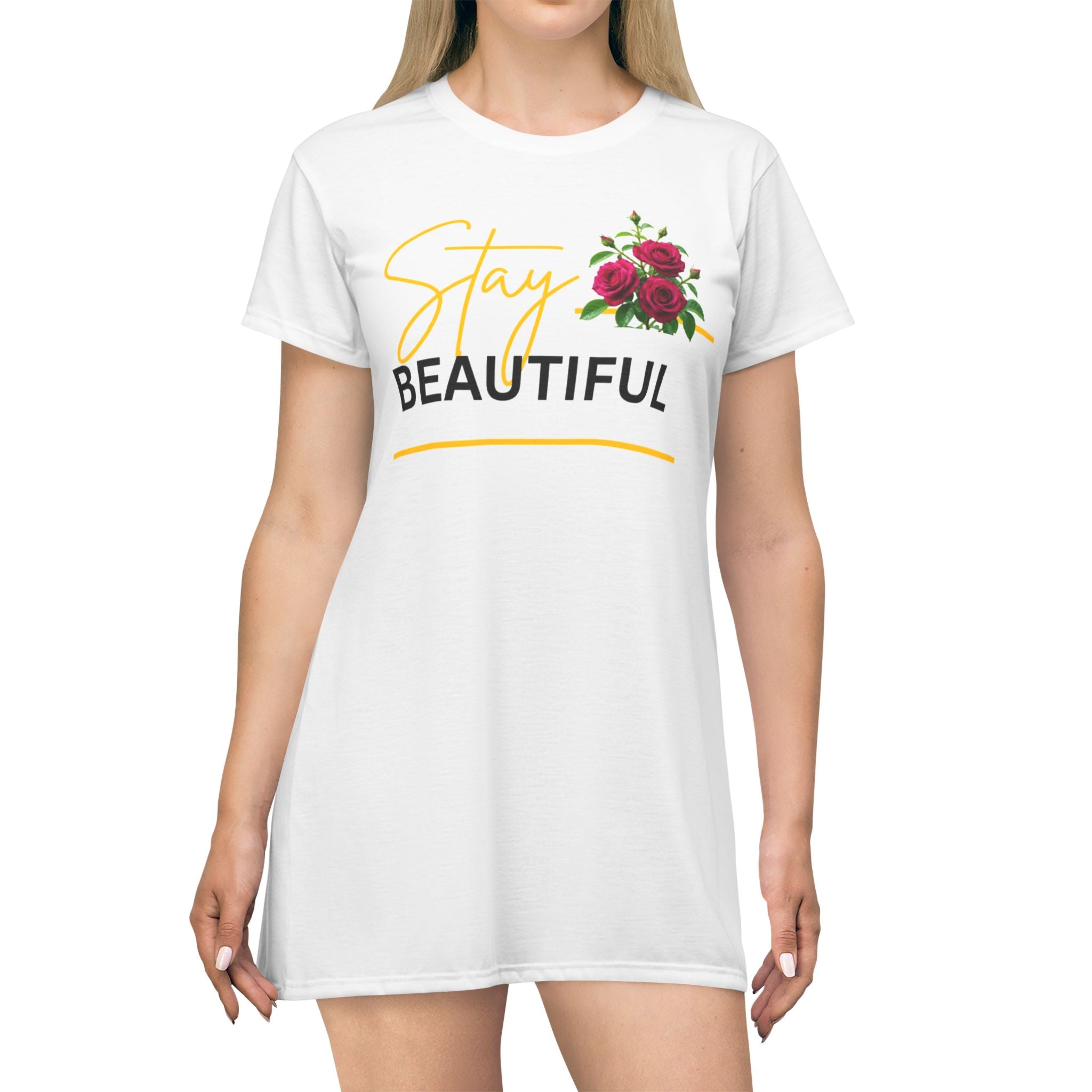 Stay Beautiful Floral T-Shirt Dress — Women’s Casual Summer Dress with Script Typography