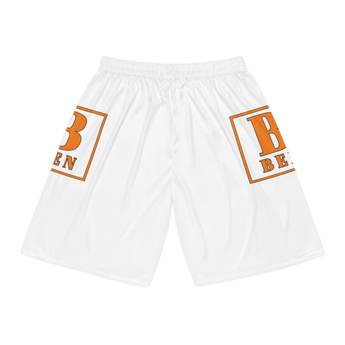 Basketball Shorts — White All-Over Print with Orange "B/Been" Side Logo