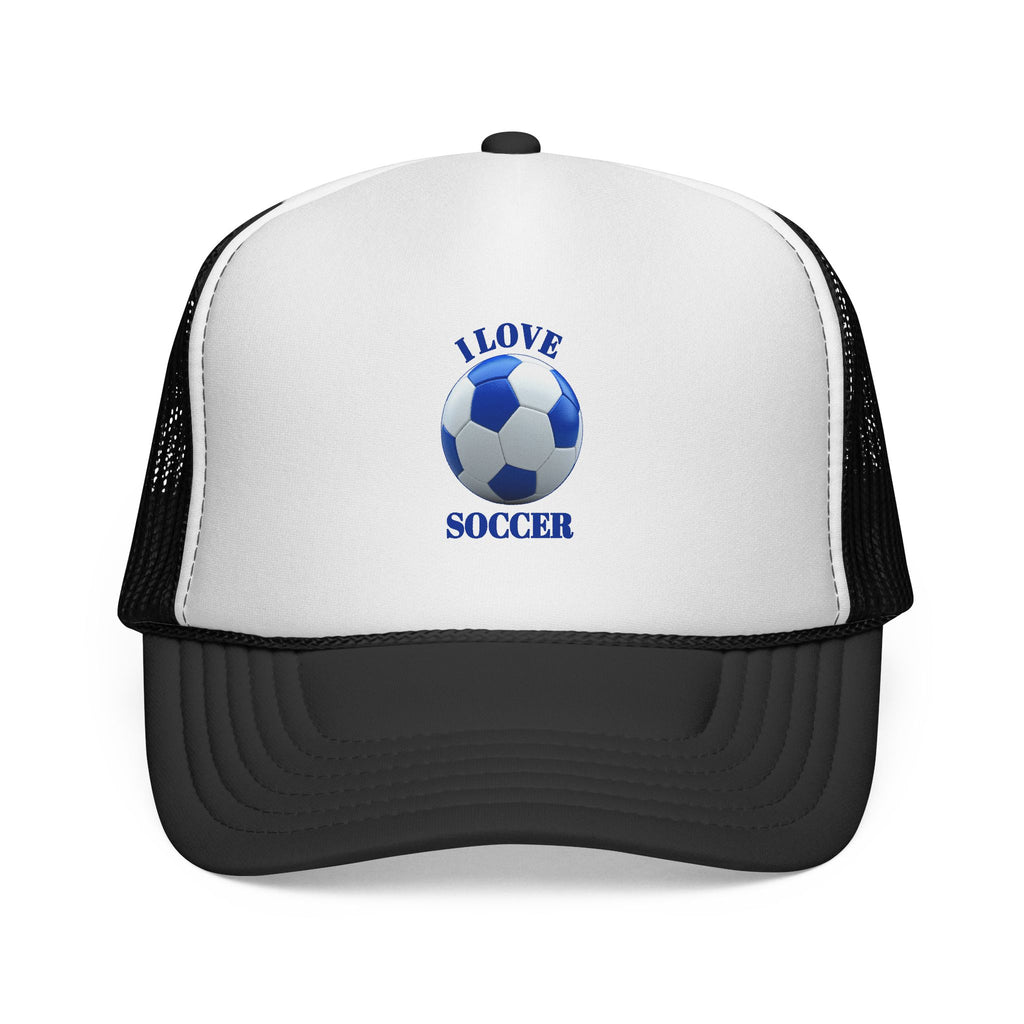 I Love Soccer Trucker Hat – Blue Soccer Ball Mesh Cap for Fans & Players