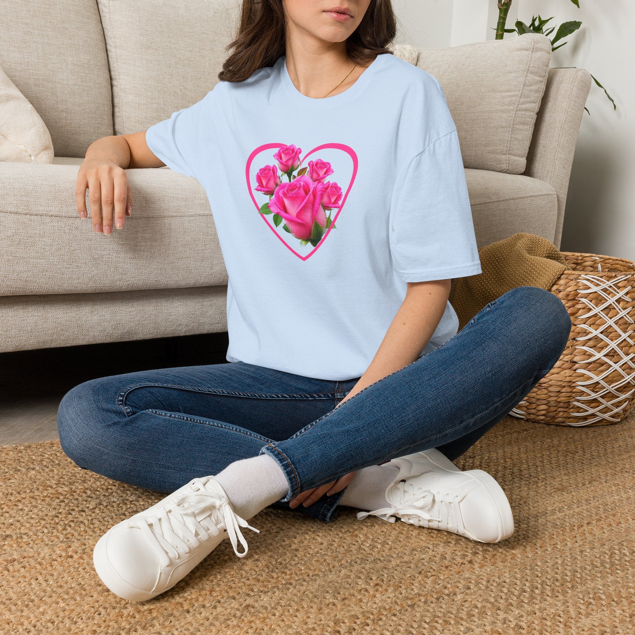 T-Shirt — Pink Rose Heart Floral Tee (Valentine’s Day, Romantic Gift)