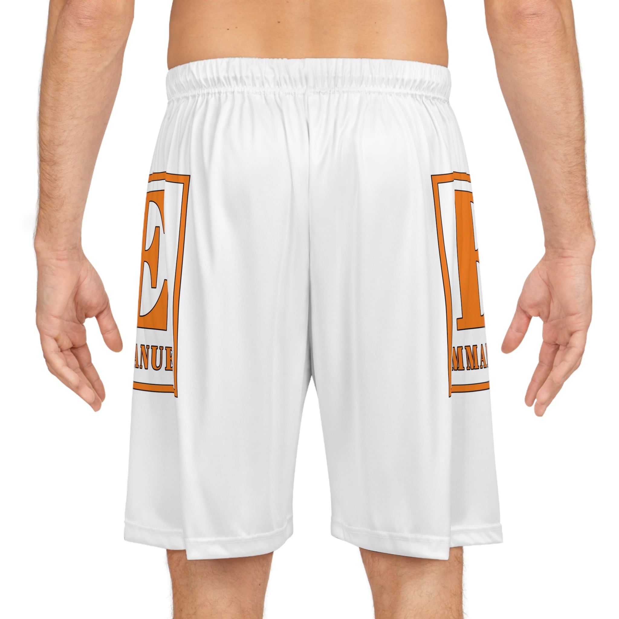 Basketball Shorts — White AOP Athletic Shorts with Orange 'E' Emblem (Emmanuel)