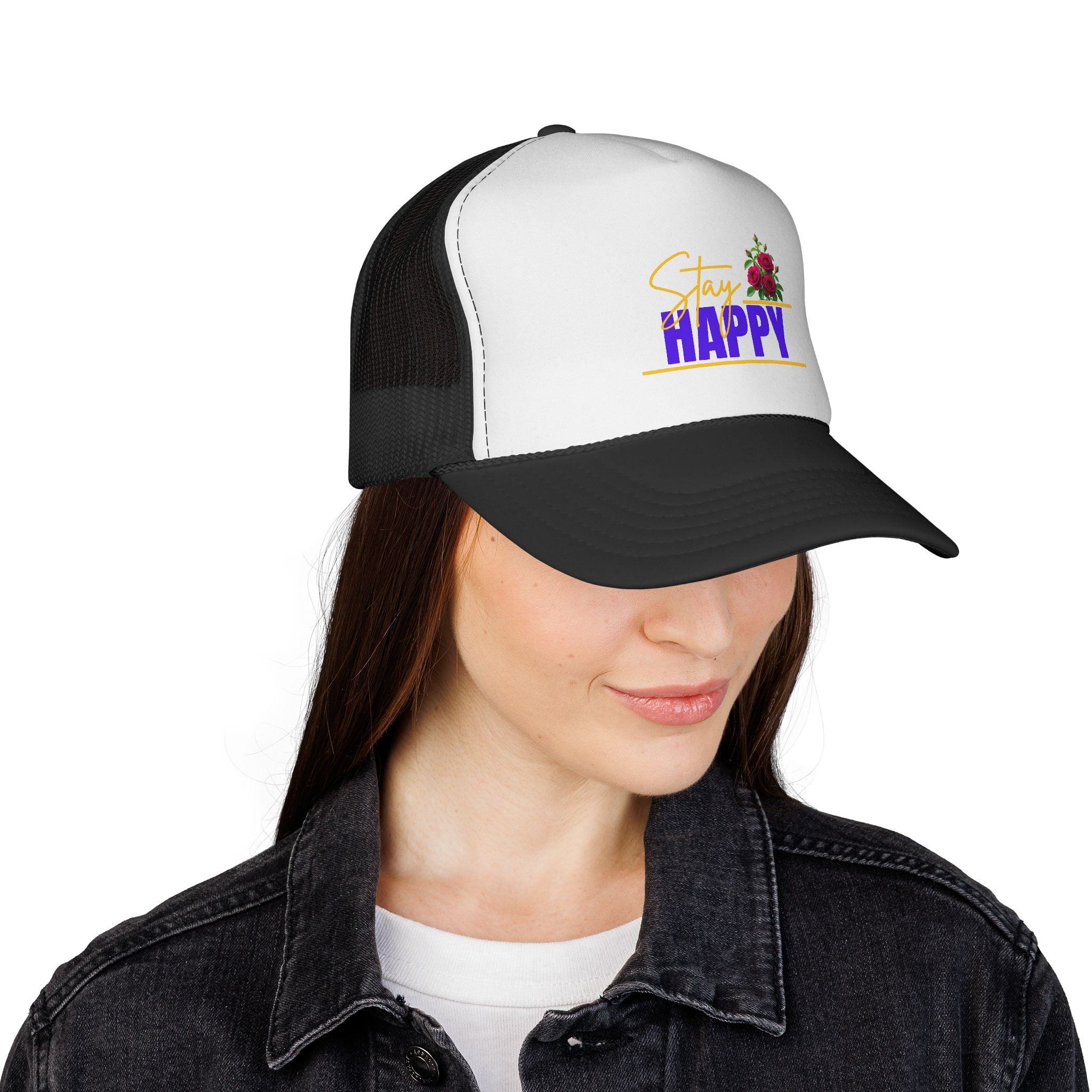 Stay Happy Trucker Hat — Floral Positive Vibe Cap
