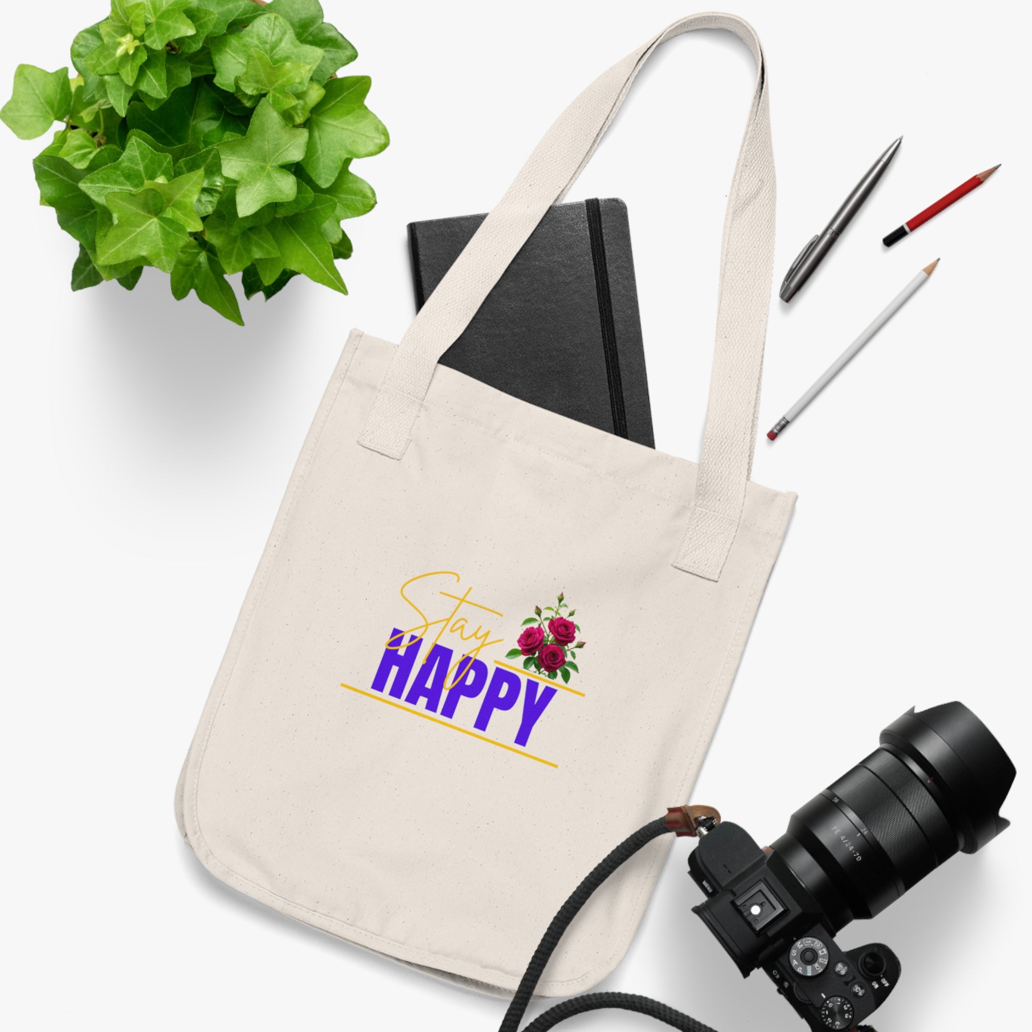 Stay Happy Floral Tote Bag – Positive Message Organic Canvas Tote