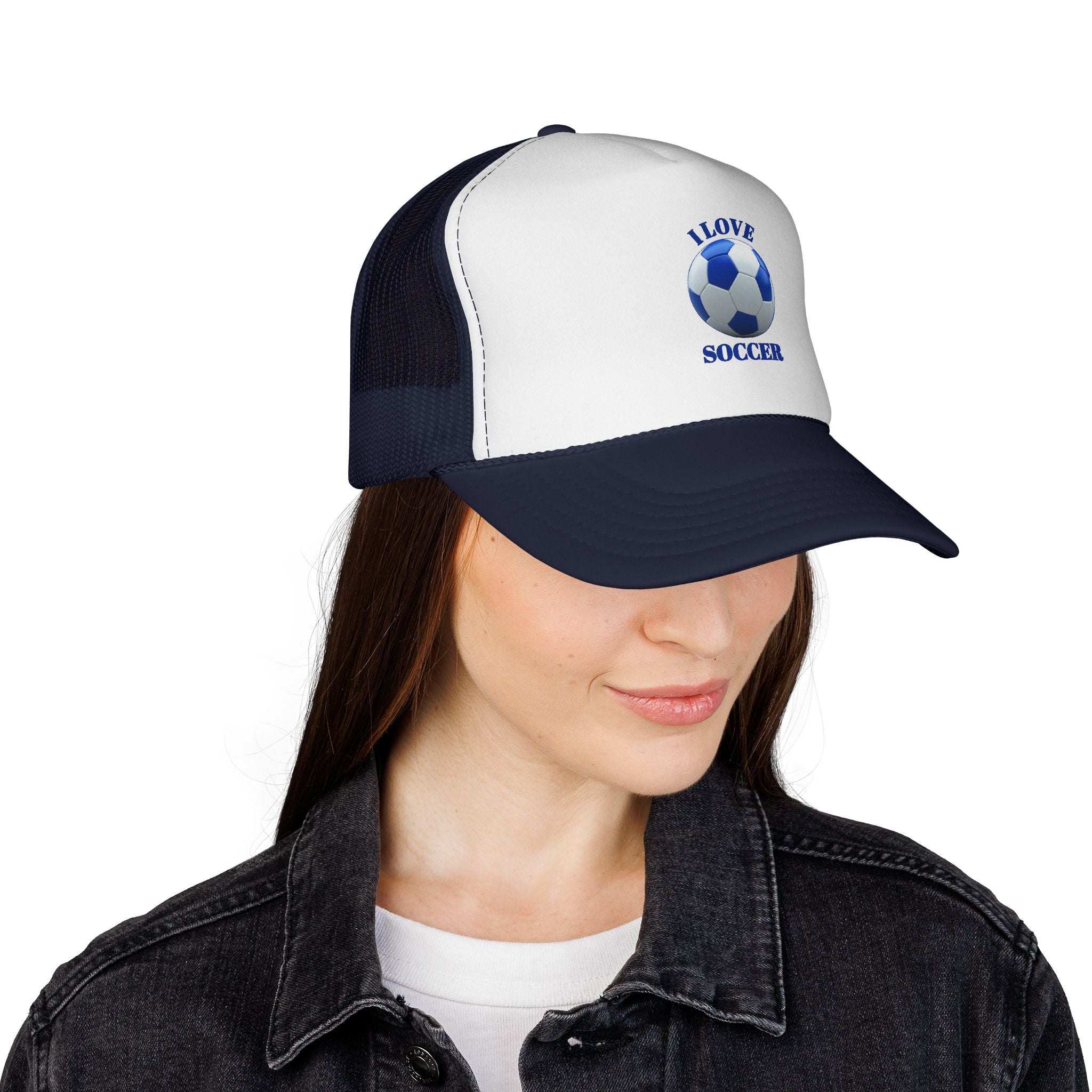 I Love Soccer Trucker Hat – Blue Soccer Ball Mesh Cap for Fans & Players