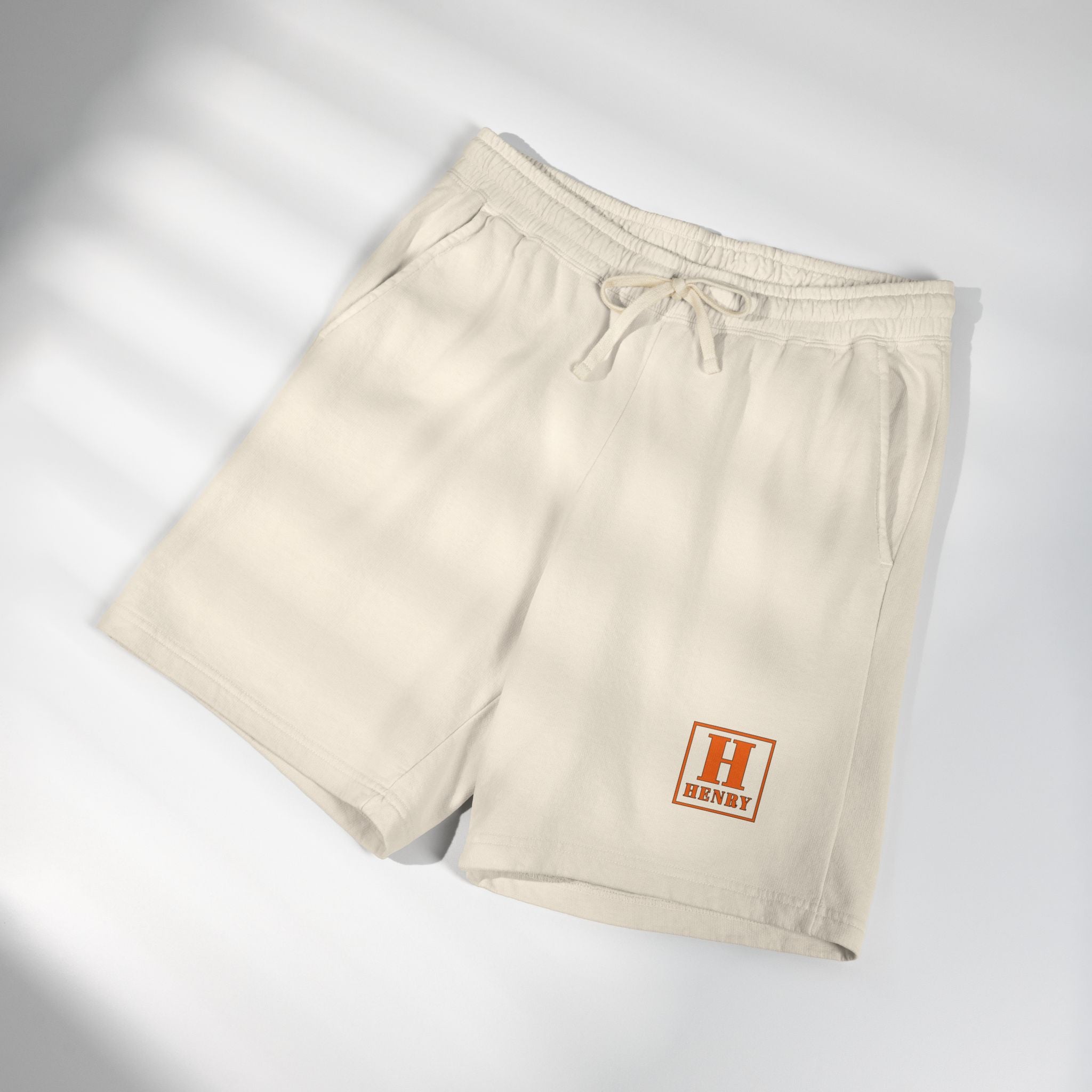 Lightweight Garment-Dyed Fleece Sweat Shorts — Cream Casual Lounge Shorts with 'HENRY' Patch