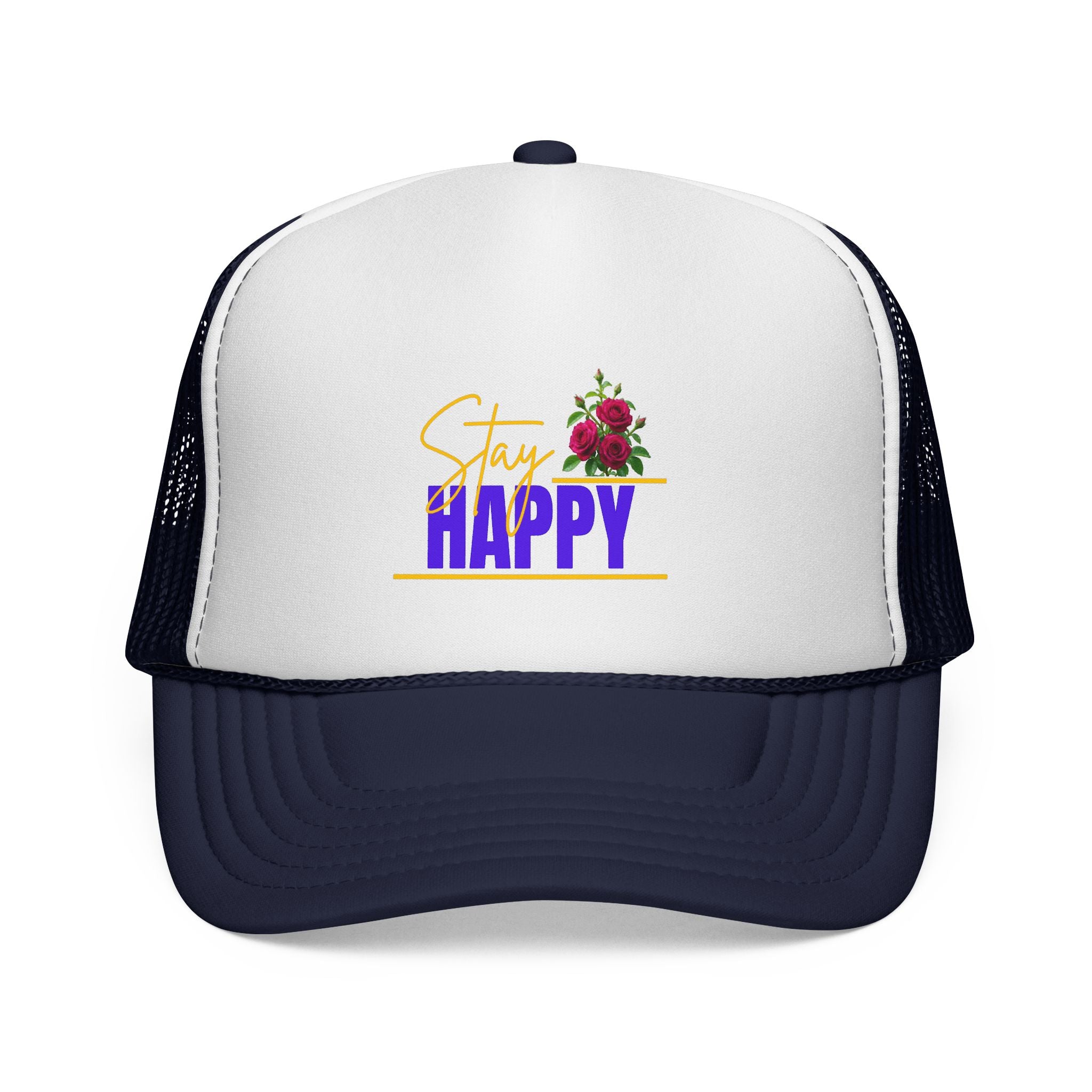 Stay Happy Trucker Hat — Floral Positive Vibe Cap