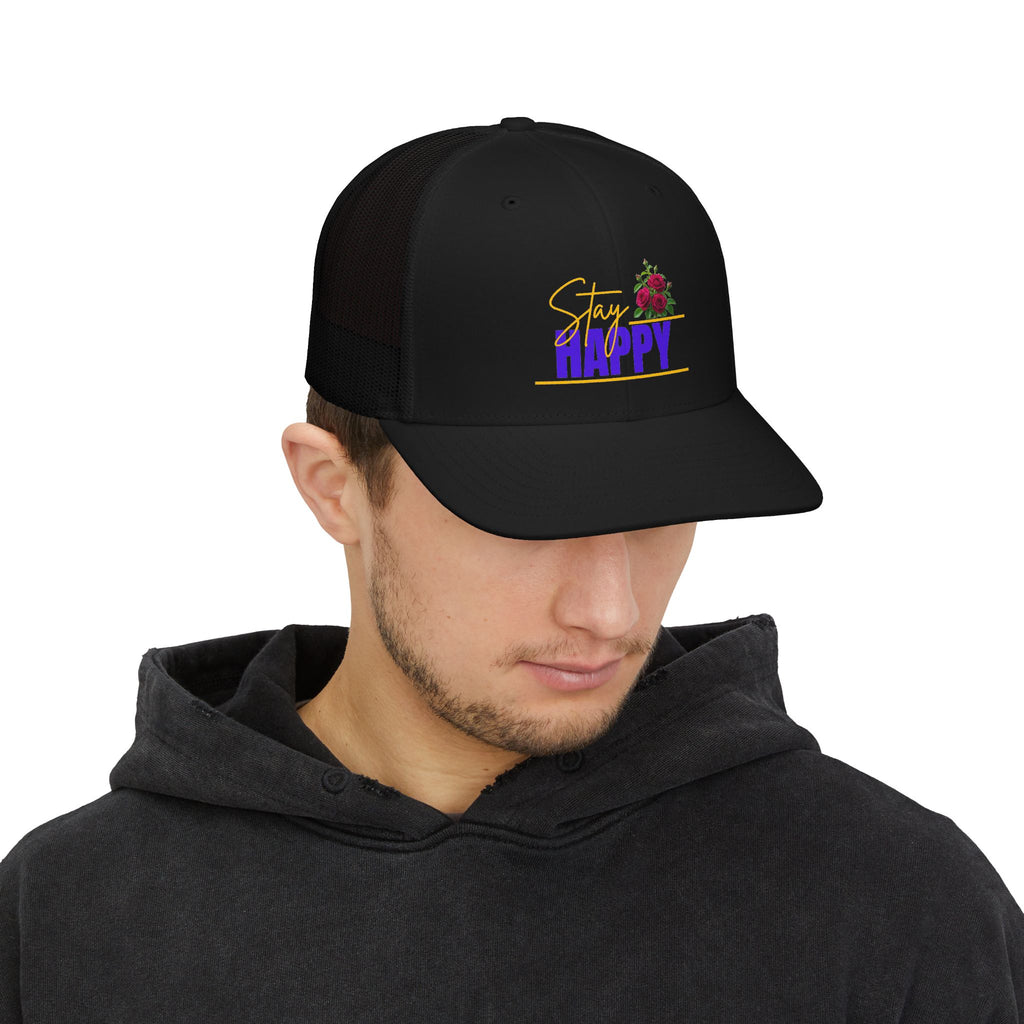 Trucker Cap — "Stay Happy" Floral Snapback