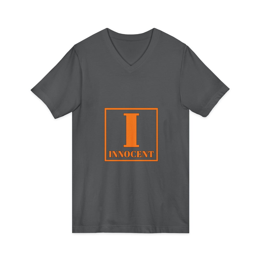 Innocent Graphic V-Neck Tee — Bold Orange 'I Innocent' Square Design