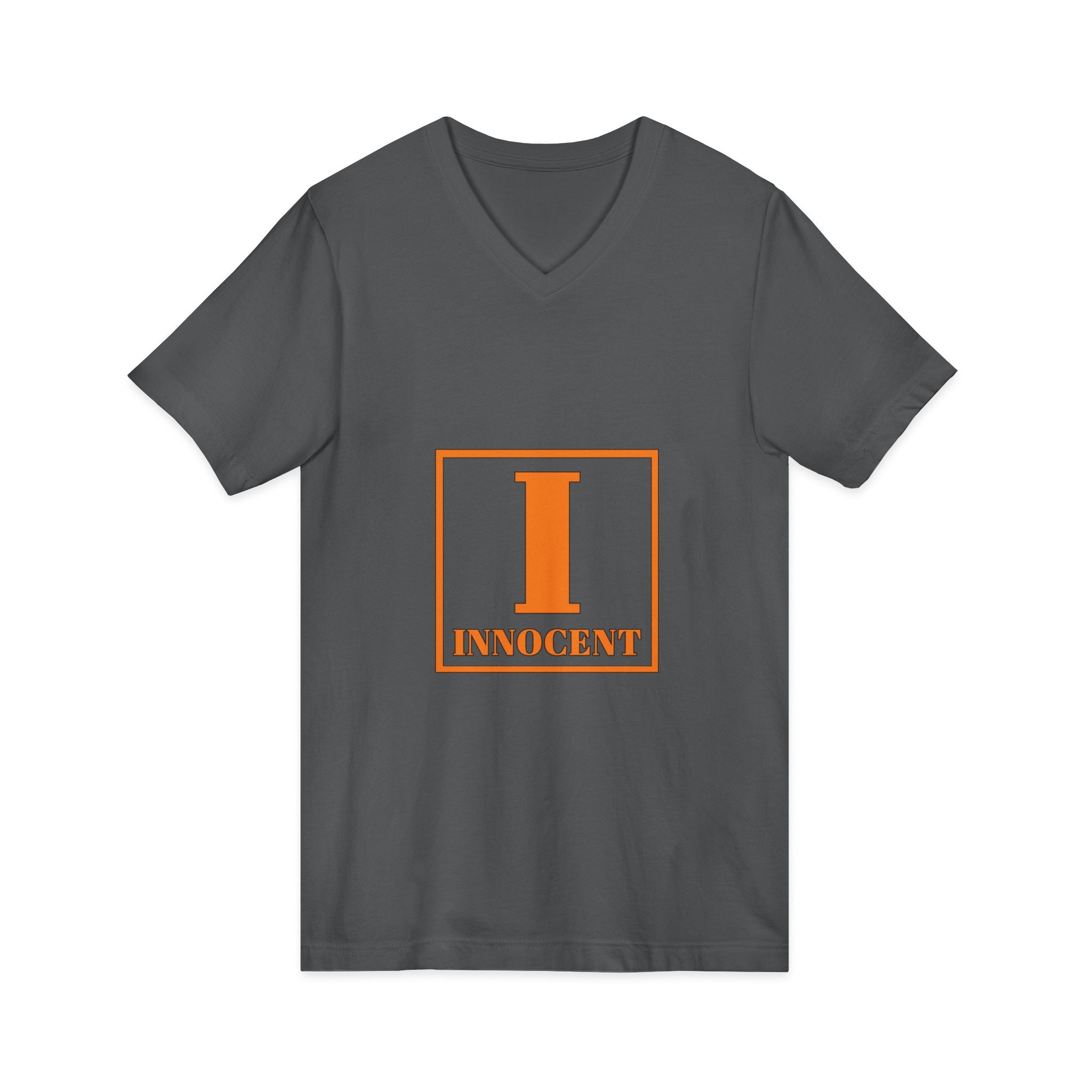 Innocent Graphic V-Neck Tee — Bold Orange 'I Innocent' Square Design