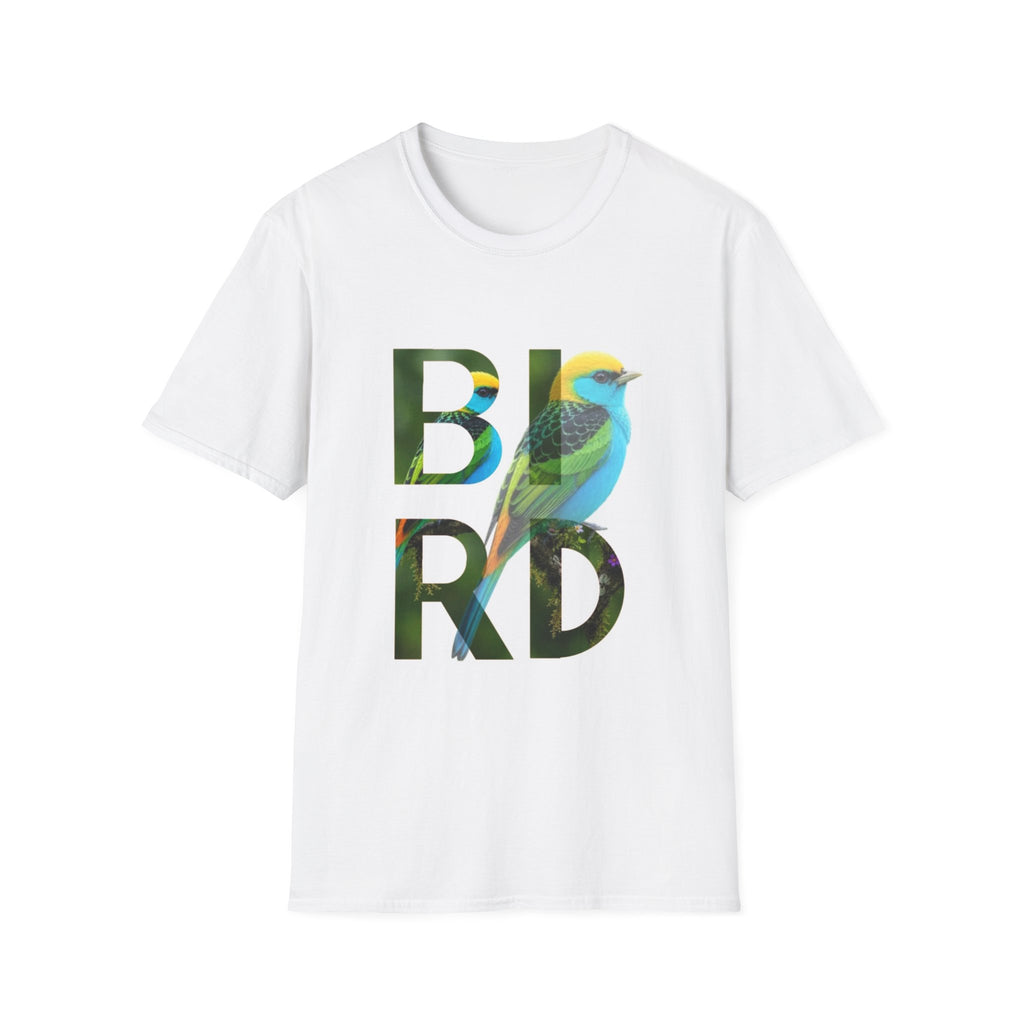 Bird Graphic T-Shirt — Colorful 'BIRD' Typography with Tropical Songbird