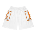 Basketball Shorts — White AOP Athletic Shorts with Orange 'E' Emblem (Emmanuel)