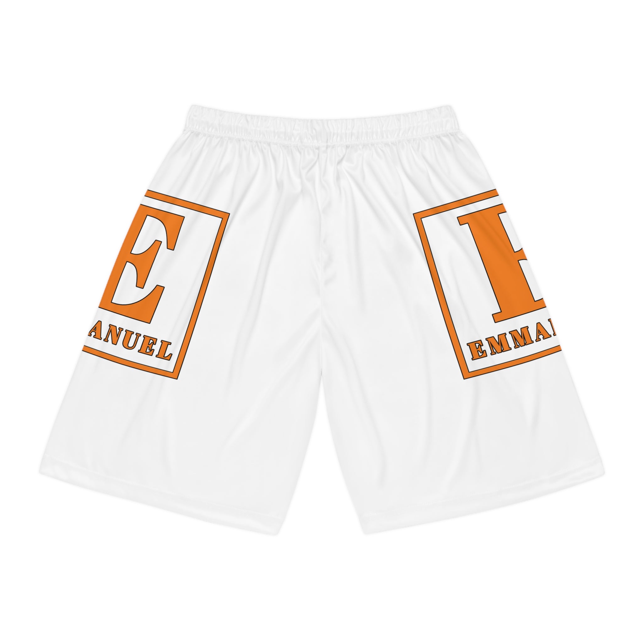 Basketball Shorts — White AOP Athletic Shorts with Orange 'E' Emblem (Emmanuel)