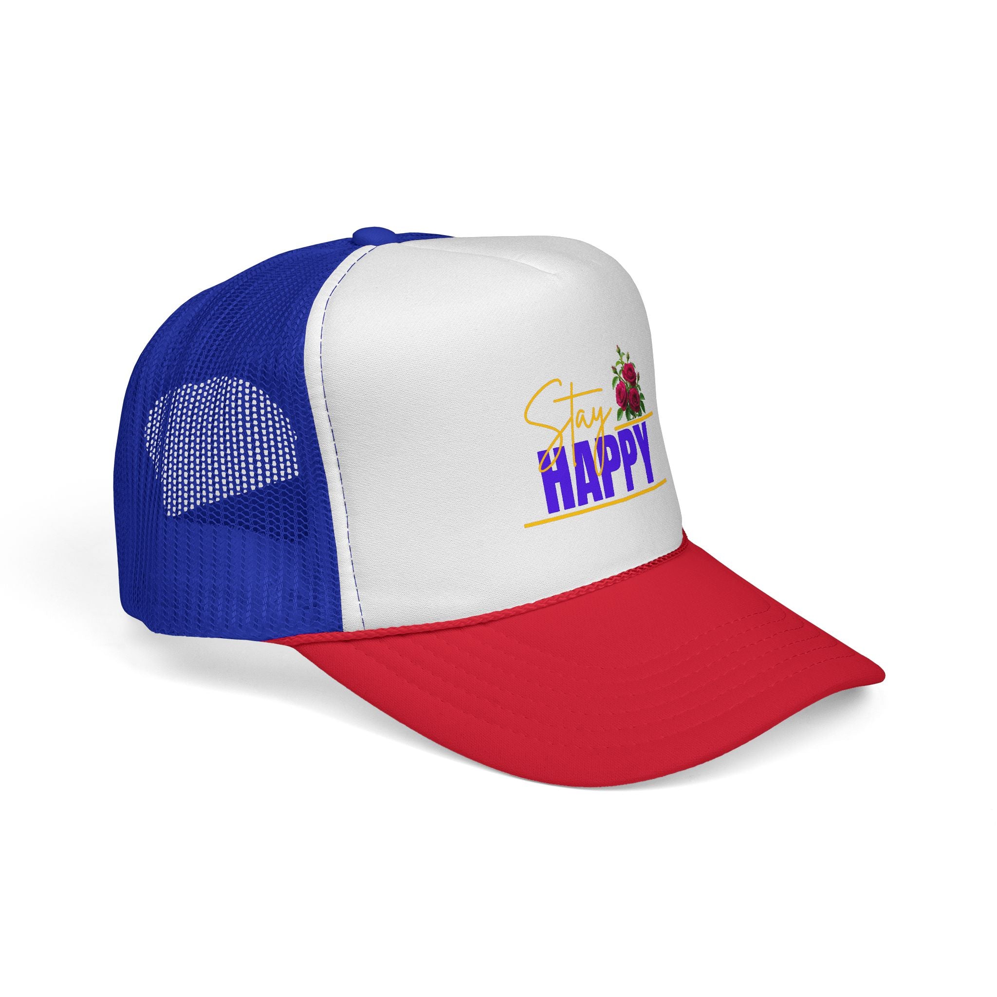 Stay Happy Trucker Hat — Floral Positive Vibe Cap