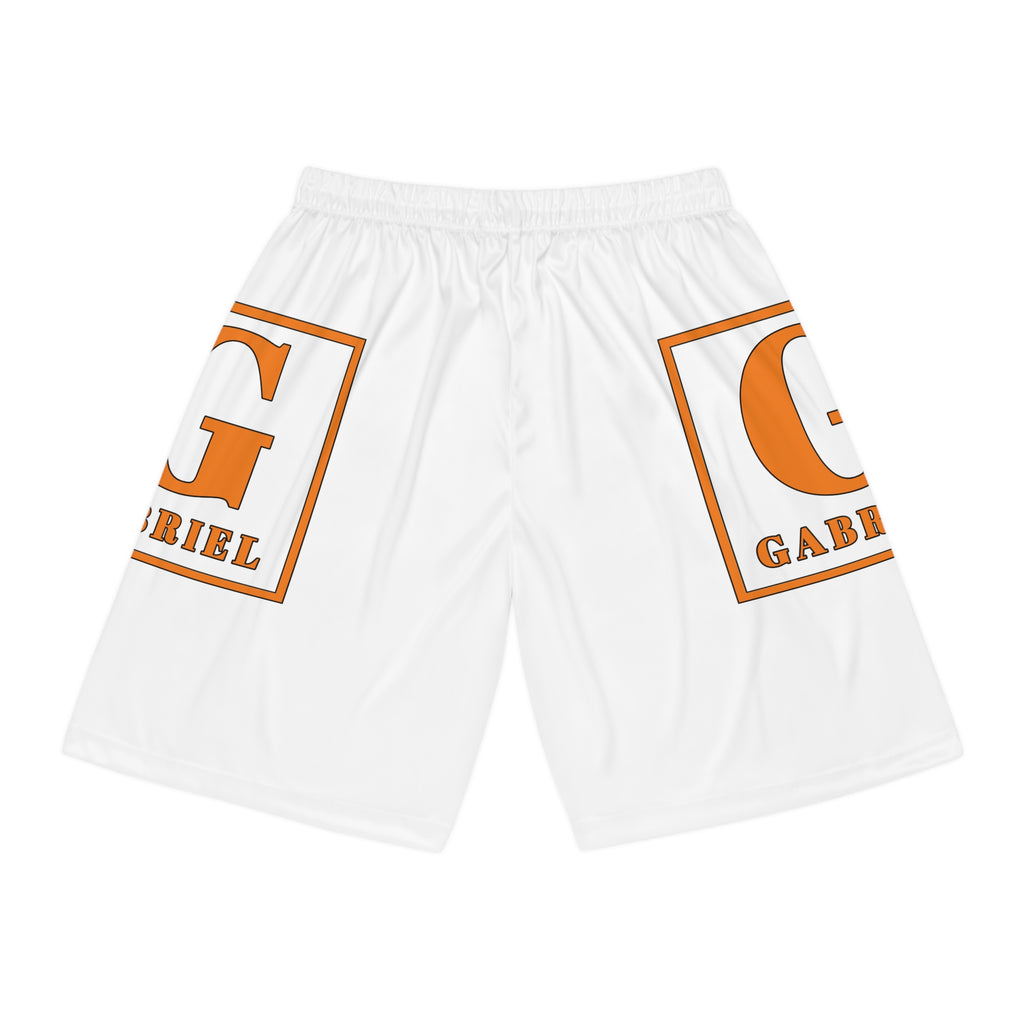 Custom Name Basketball Shorts — White AOP Shorts with Orange 'GABRIEL' Side Logo