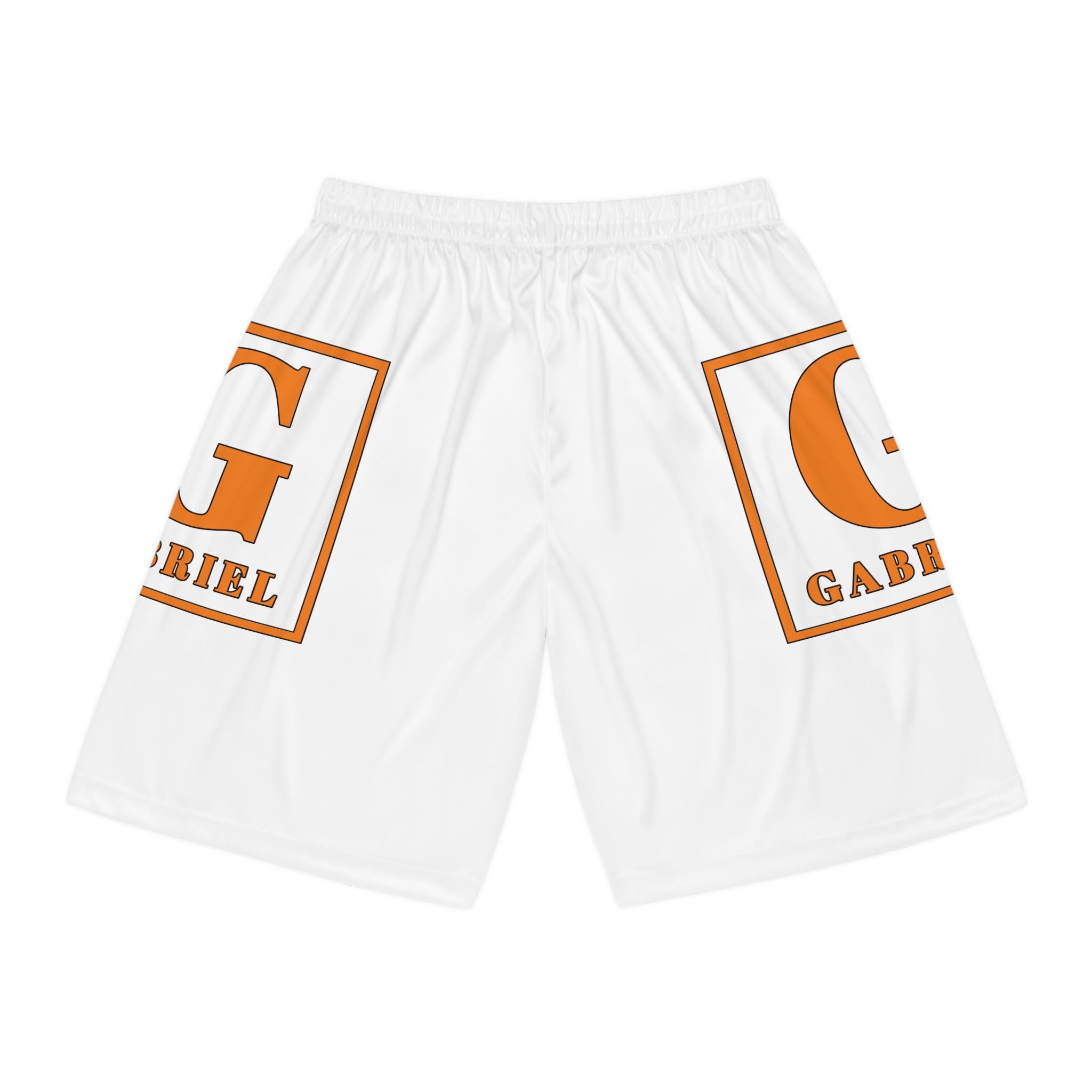 Custom Name Basketball Shorts — White AOP Shorts with Orange 'GABRIEL' Side Logo
