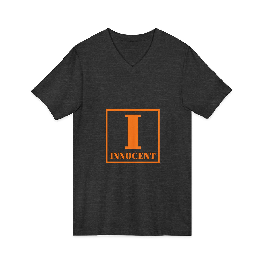 Innocent Graphic V-Neck Tee — Bold Orange 'I Innocent' Square Design