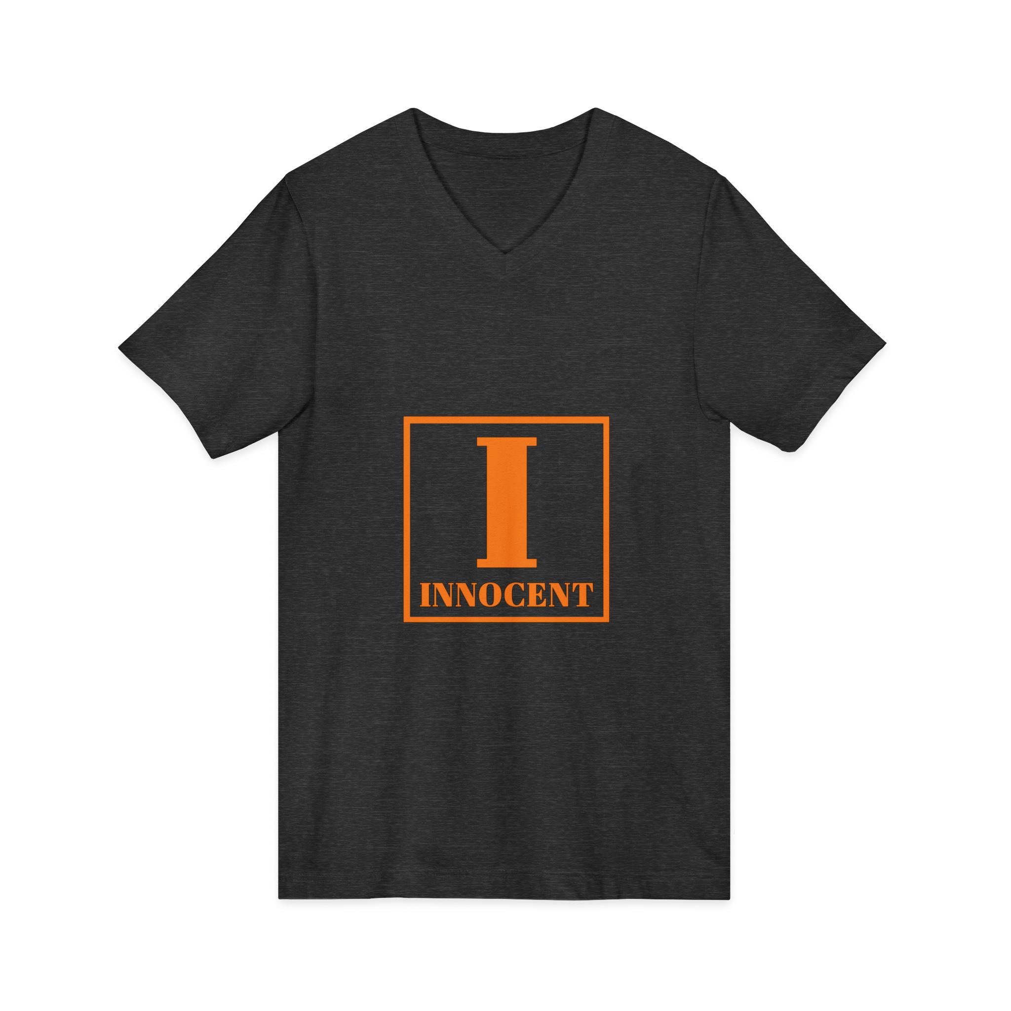 Innocent Graphic V-Neck Tee — Bold Orange 'I Innocent' Square Design