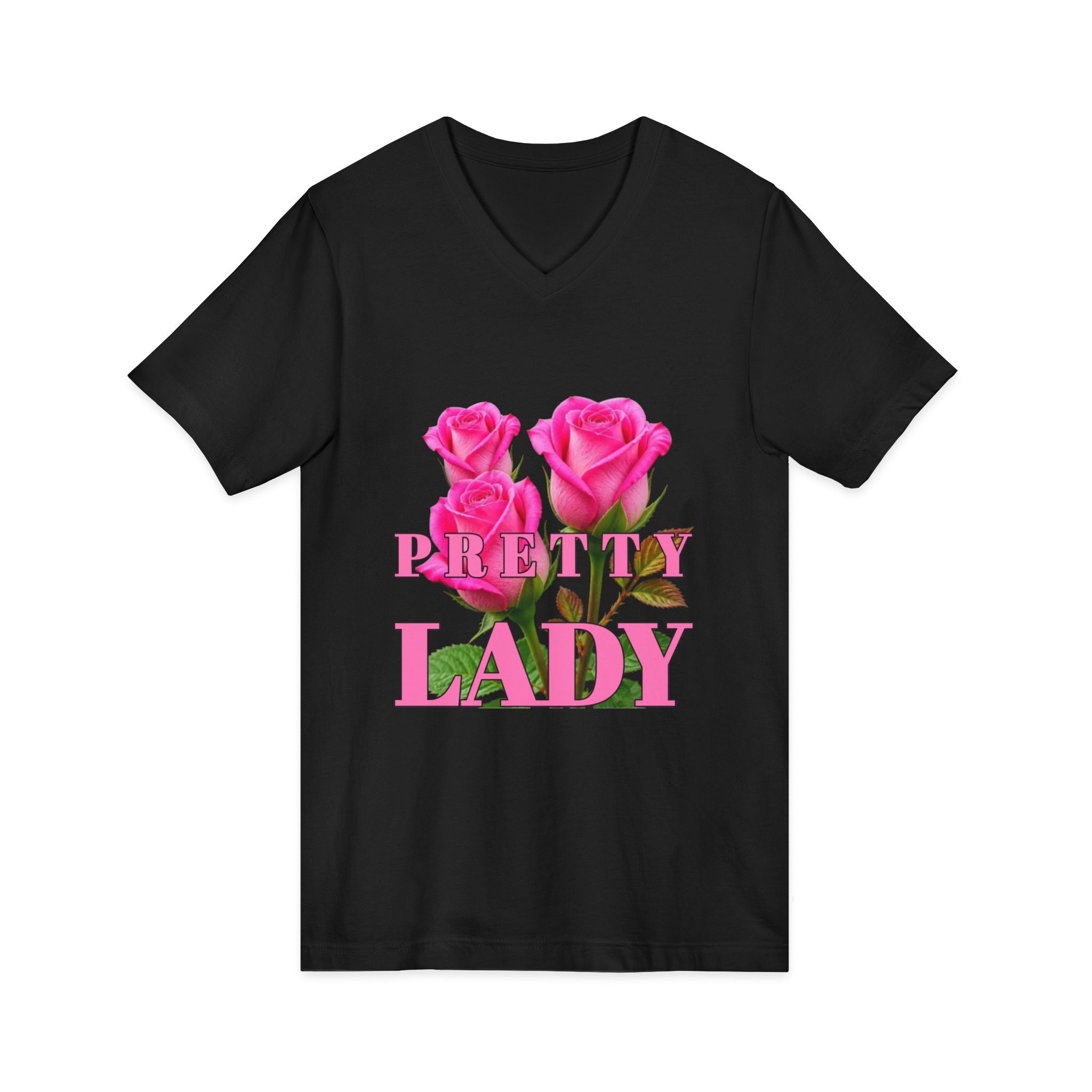 Pretty Lady V-Neck Tee — Pink Rose Floral Graphic Shirt