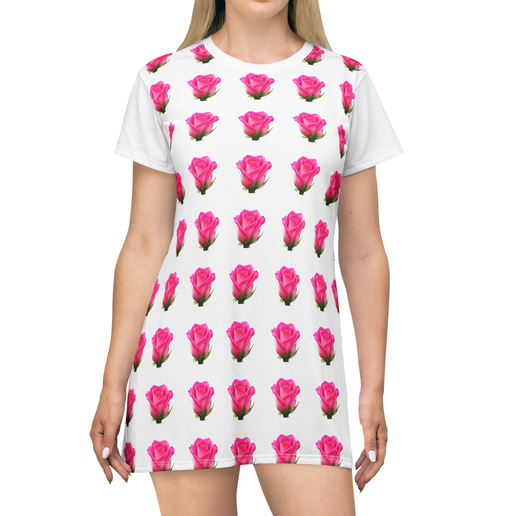 Pink Rose All-Over Print T‑Shirt Dress — Floral Pattern Summer Dress
