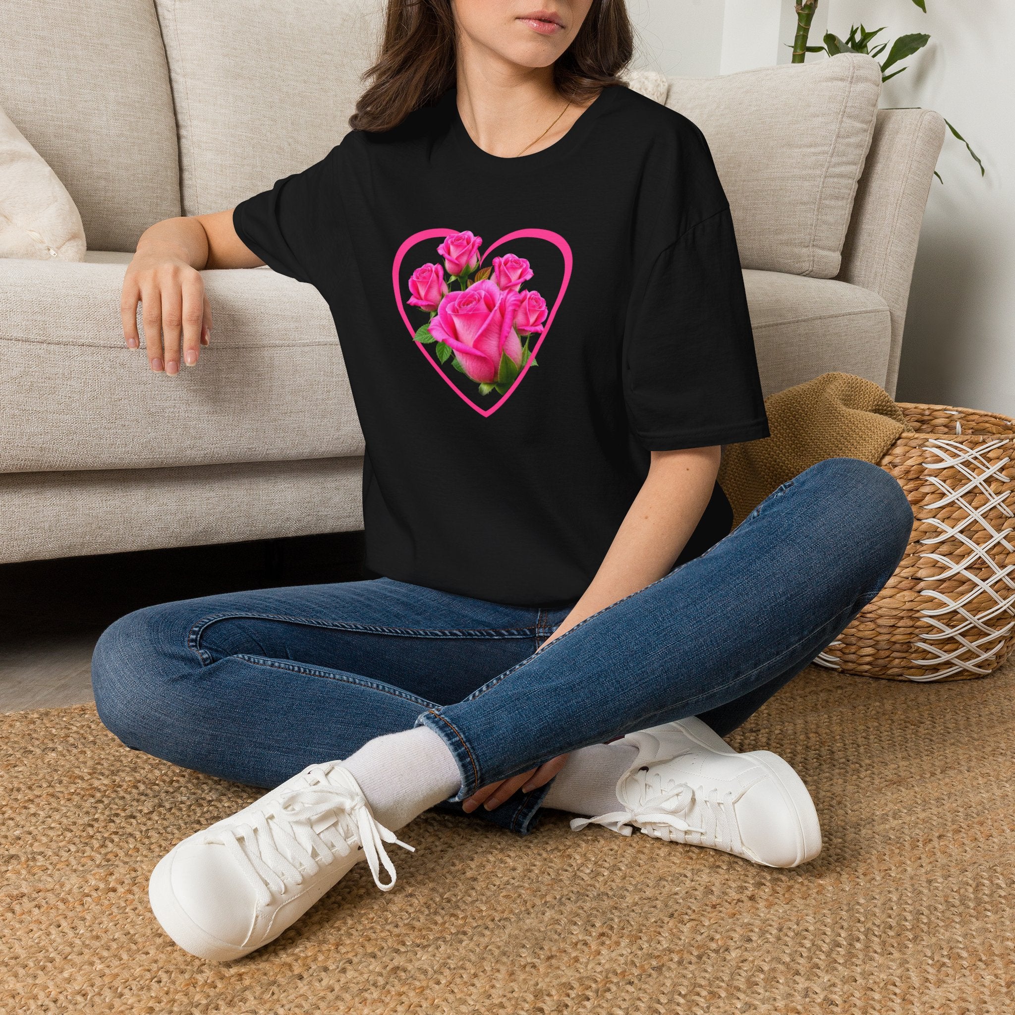 T-Shirt — Pink Rose Heart Floral Tee (Valentine’s Day, Romantic Gift)