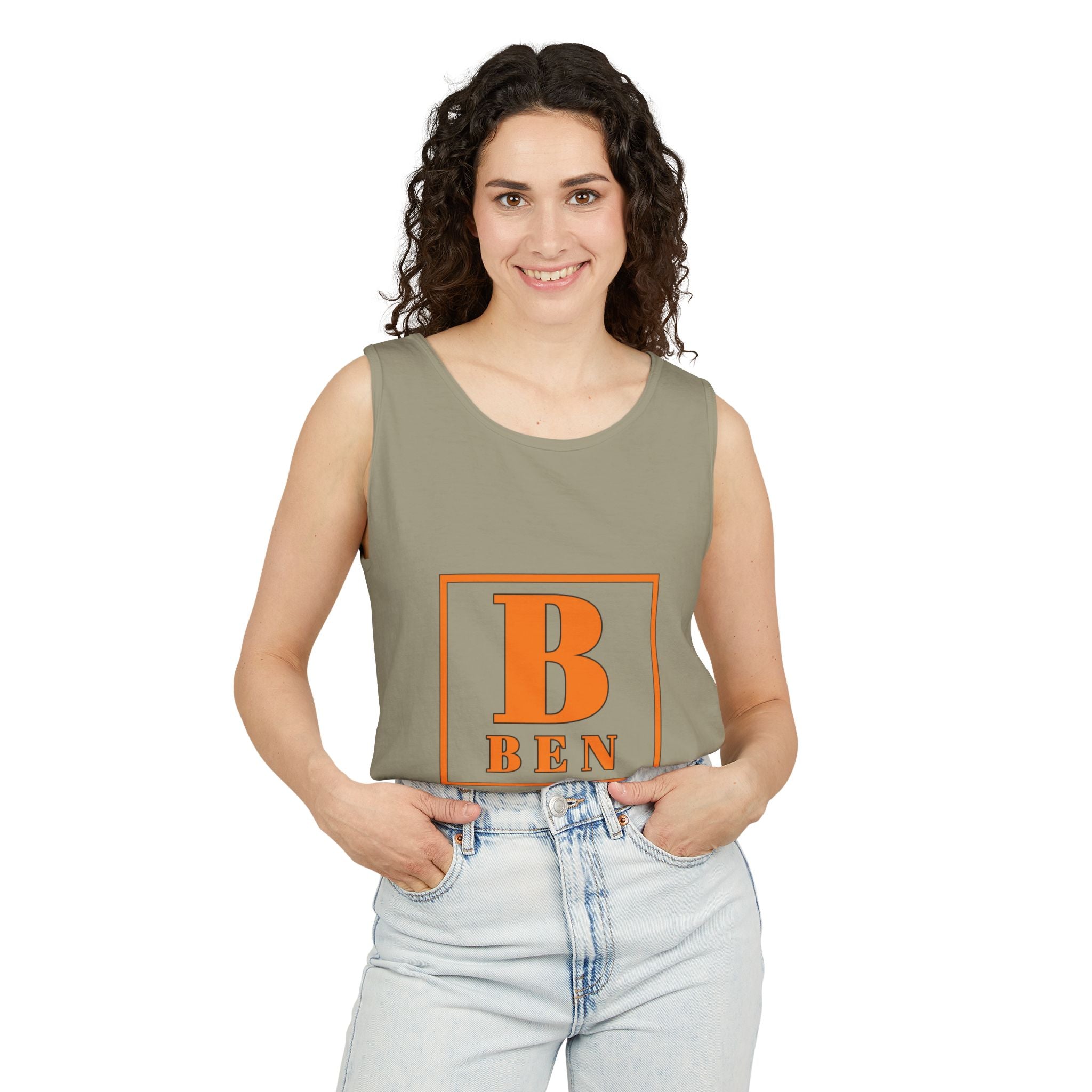 Ben Monogram Tank Top — Orange Initial B Vintage Box Graphic